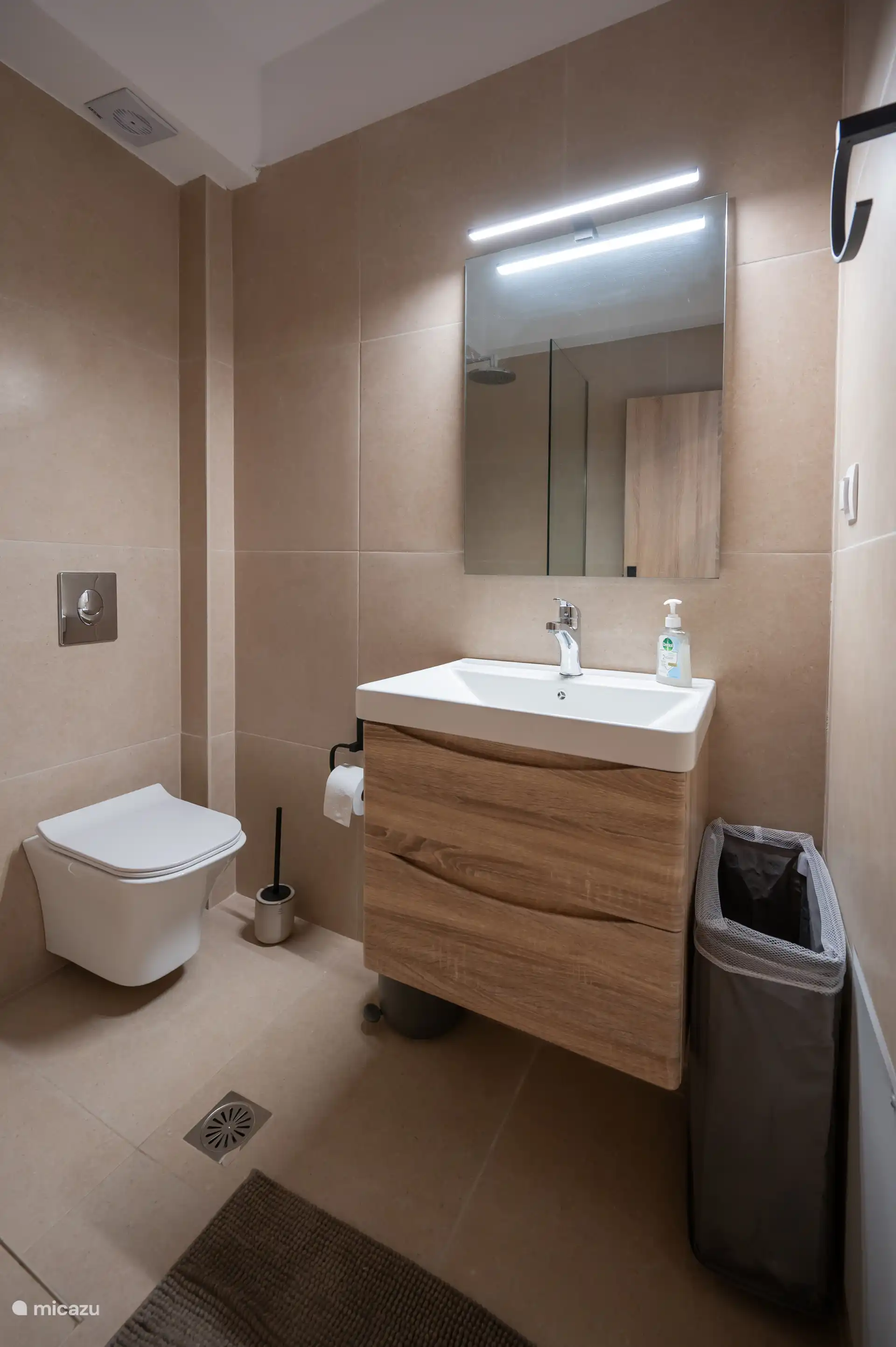 Badkamer met douche, toilet en wastafel. 