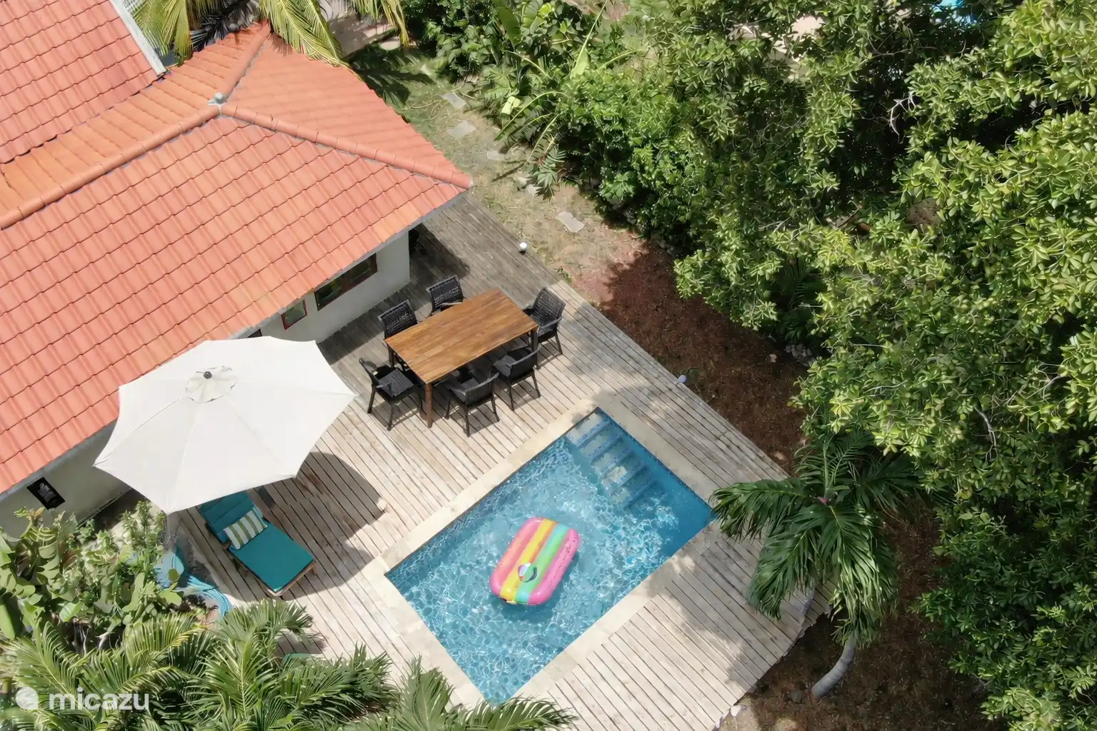 La casa está fantásticamente oculta en el verde, un auténtico oasis verde con palmeras y plátanos.