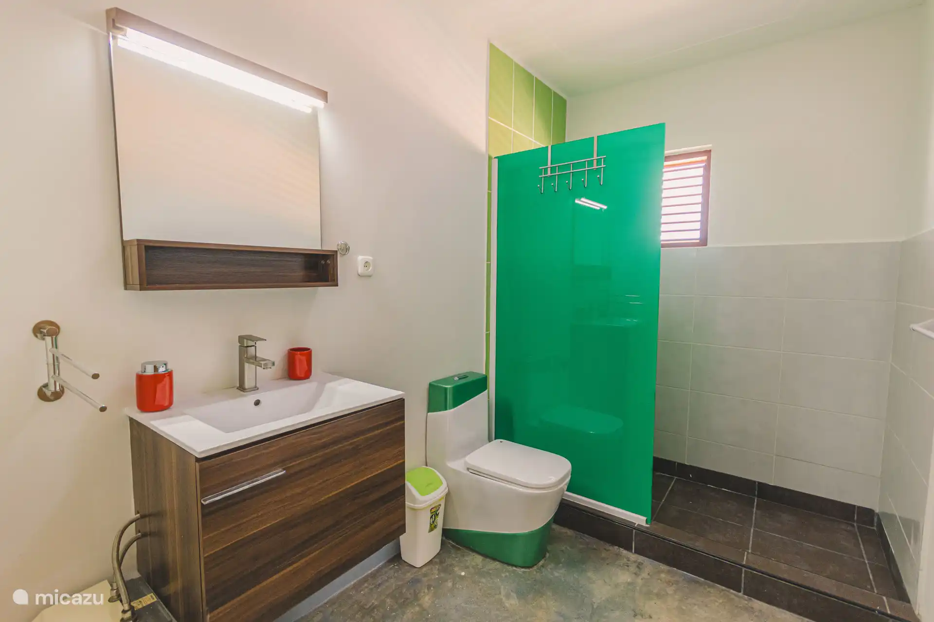 Bathroom with dressing table, toilet and shower with hot water