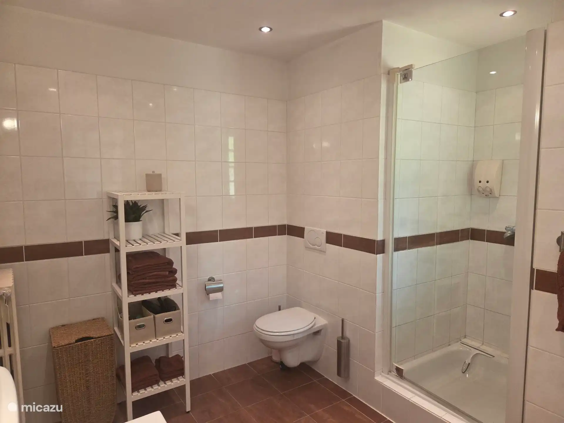 Salle de bain au rez-de-chaussée avec salle de bain et douche séparée