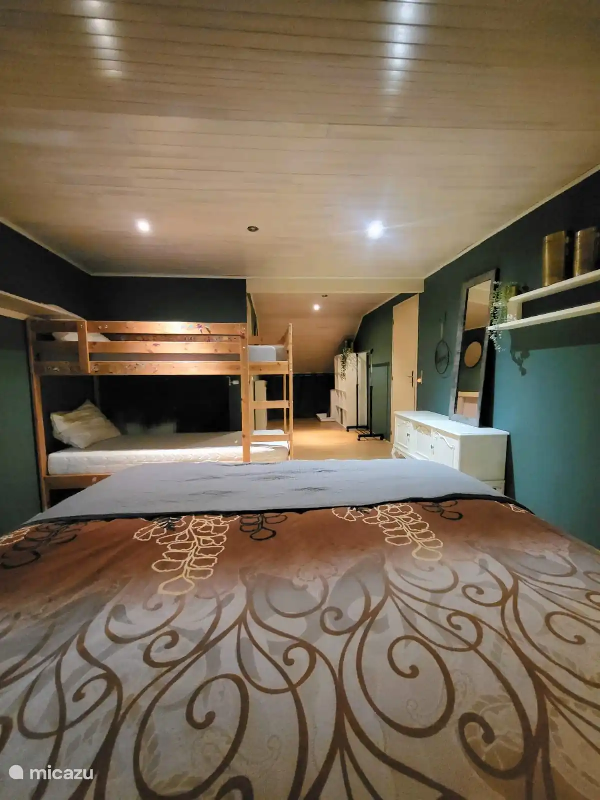 Family bedroom with double bed and bunk bed