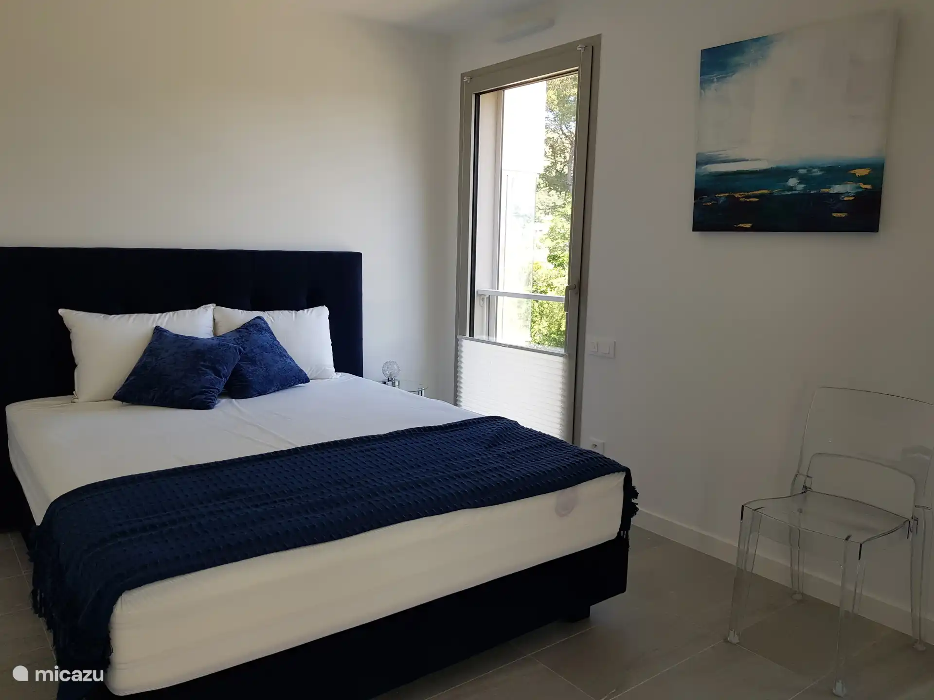 Blauwe kamer met dubbel raam op het park