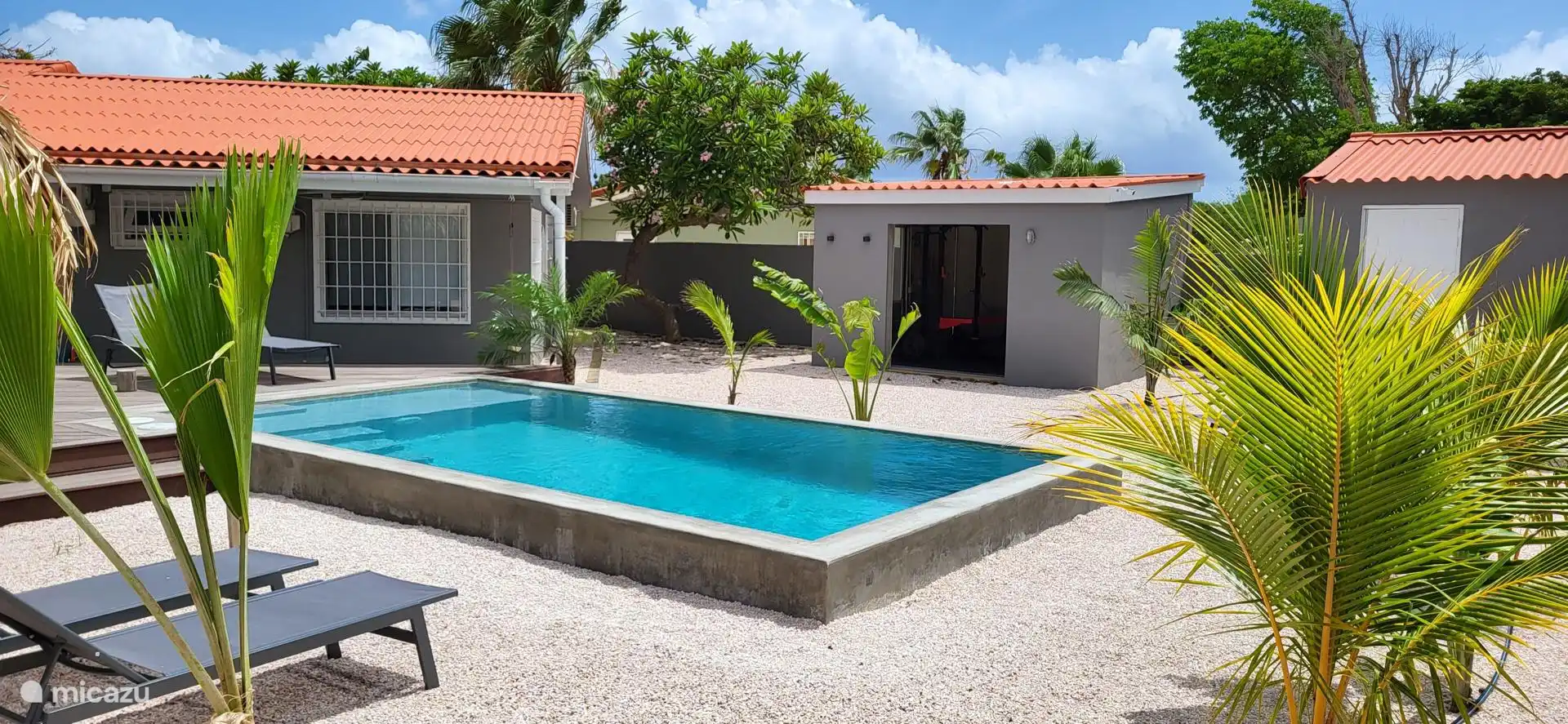 View vanuit de tuin. Inmiddels is de zwembadrand mooi gelakt. Op de acthergrond zie je de fitnessruimte.