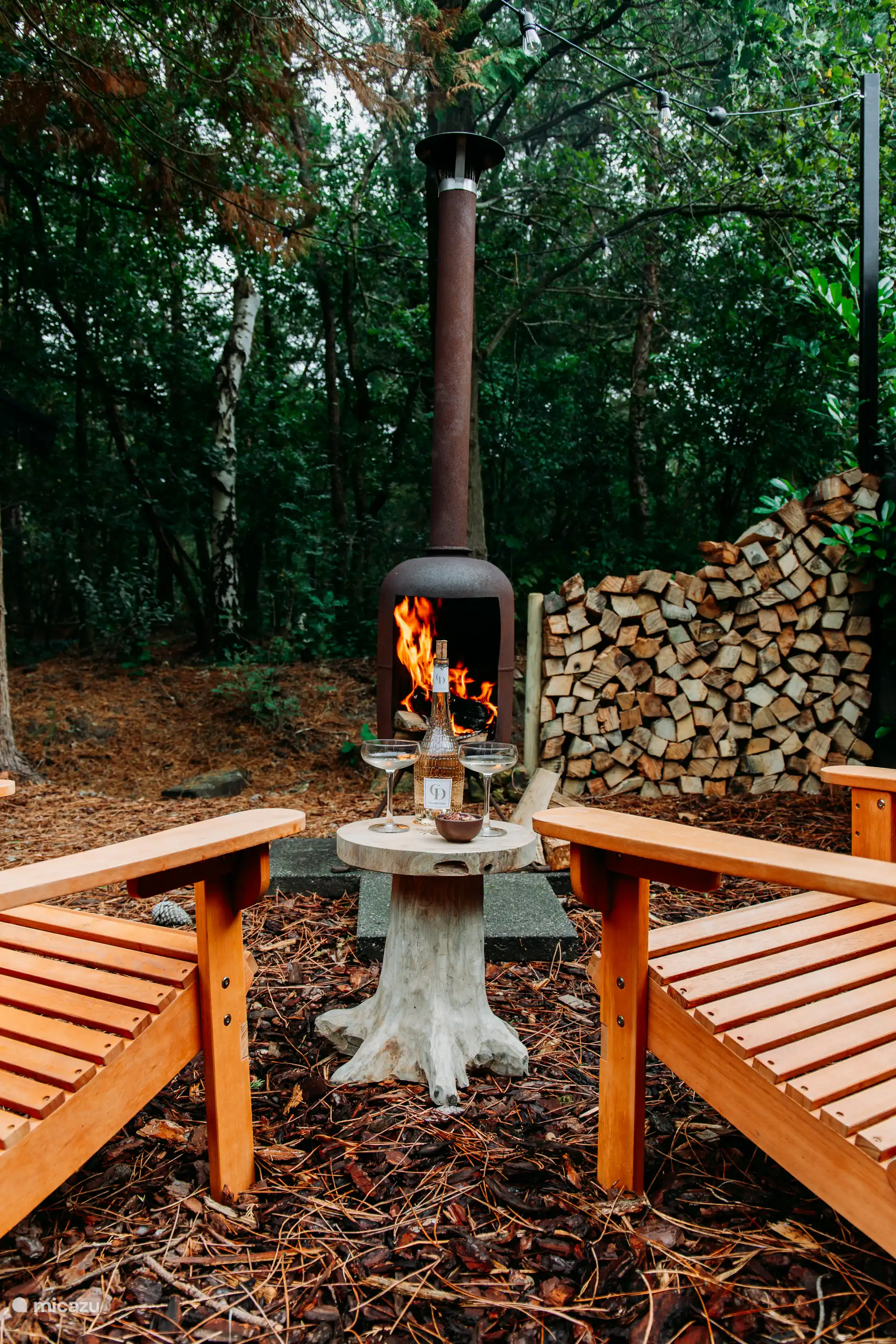 Hier kun je avondenlang zitten met een drankje, direct uitkijkend op het bos. 