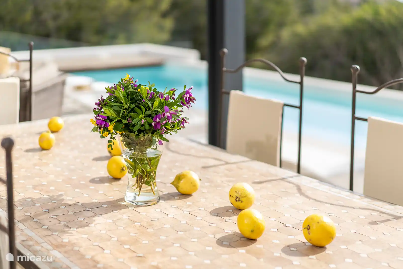 Swimming pool surrounded by a terrace with sun loungers and a garden, sea view, dining table.