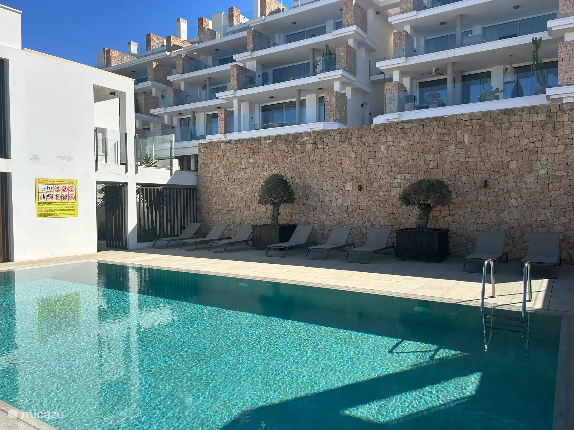 Gemeenschappelijk zwembad met ligzetels