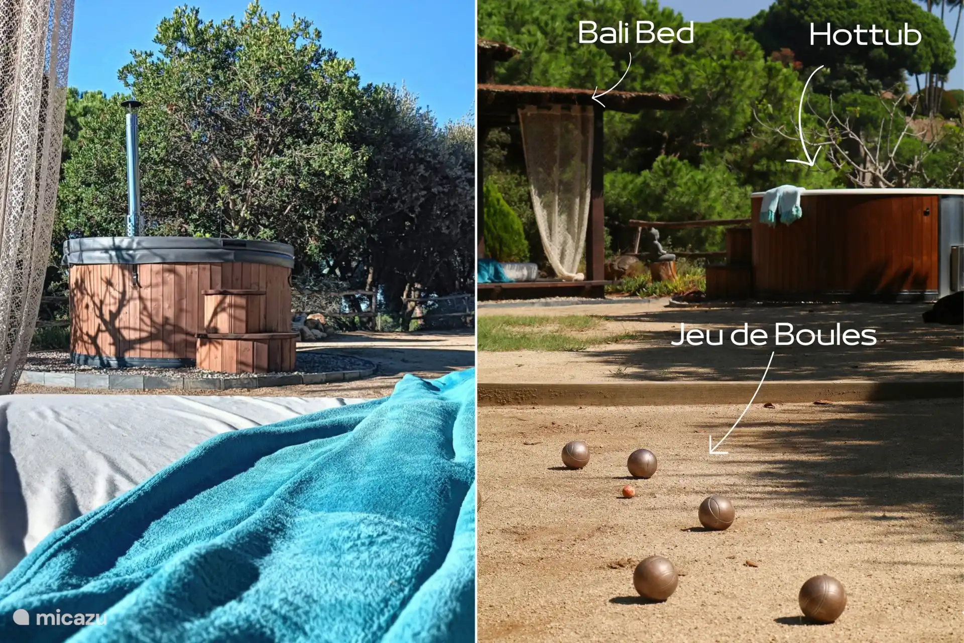 Disfruta del aire libre: jacuzzi, cama de Bali y juego de bolas.