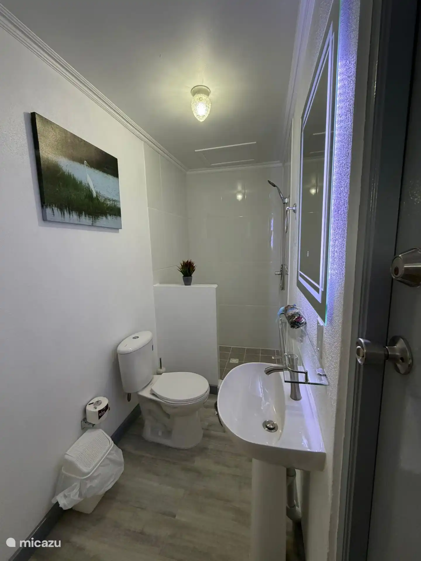 Modernes Badezimmer mit Dusche und stilvollem Spiegel 