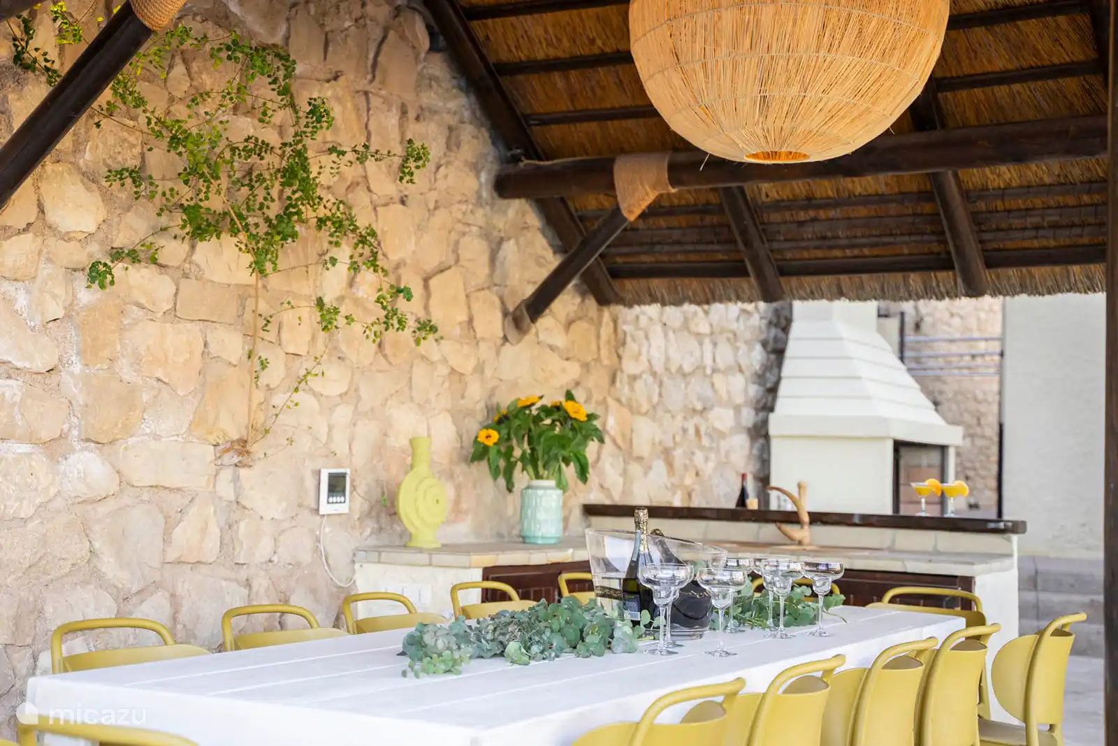 Dining room by the pool, sea view.