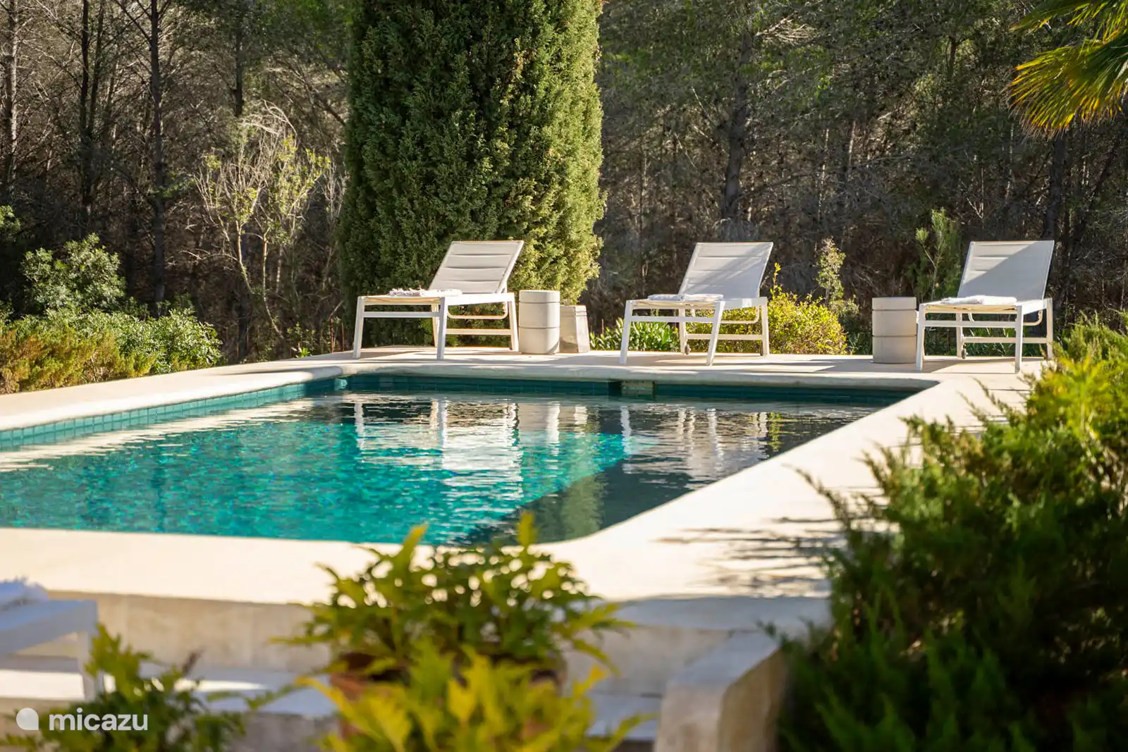 Swimming pool surrounded by a terrace with sun loungers, garden with trees, nature and mountain views, outdoor lounge.