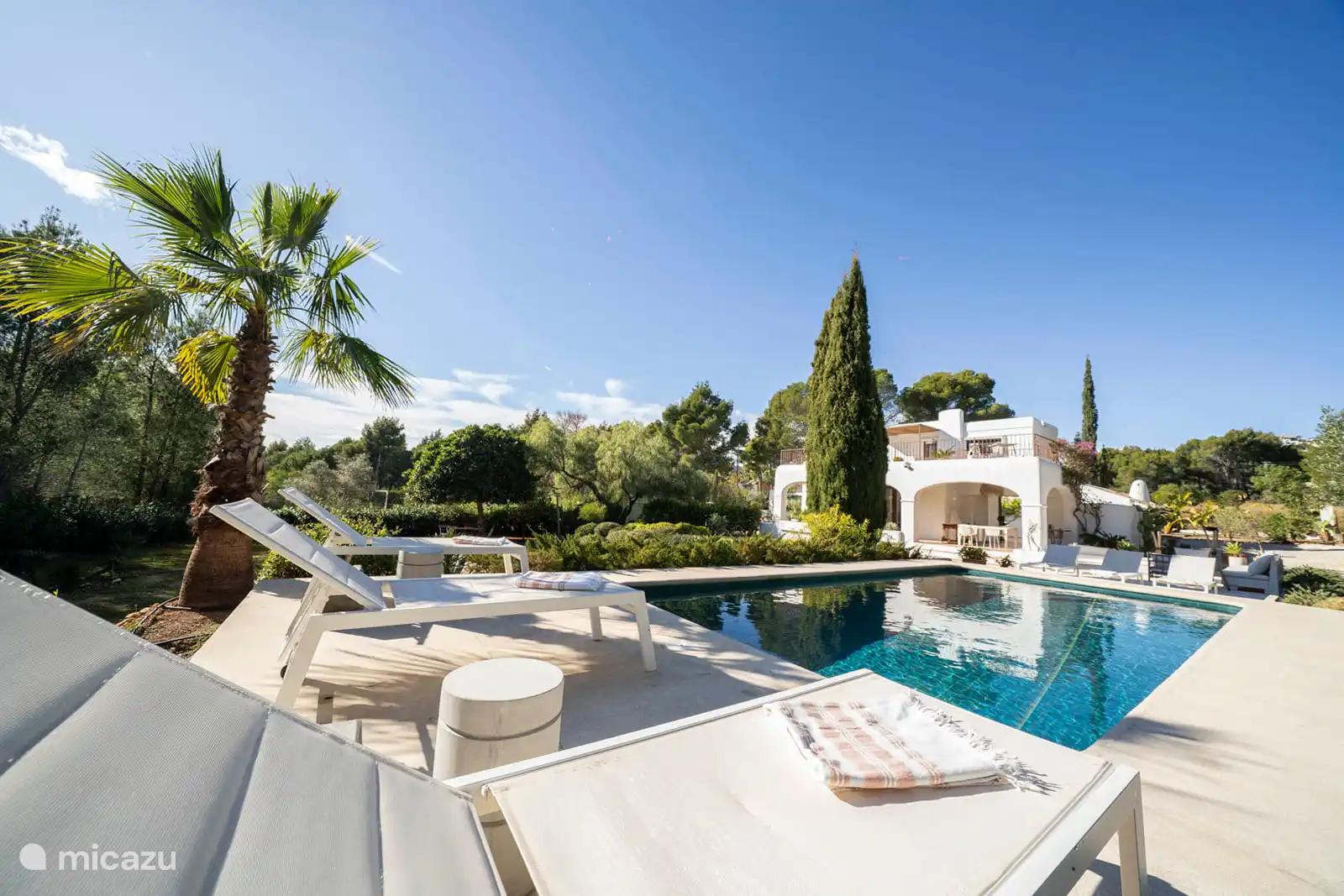 Swimming pool surrounded by a terrace with sun loungers, garden with trees, nature and mountain views, outdoor lounge.