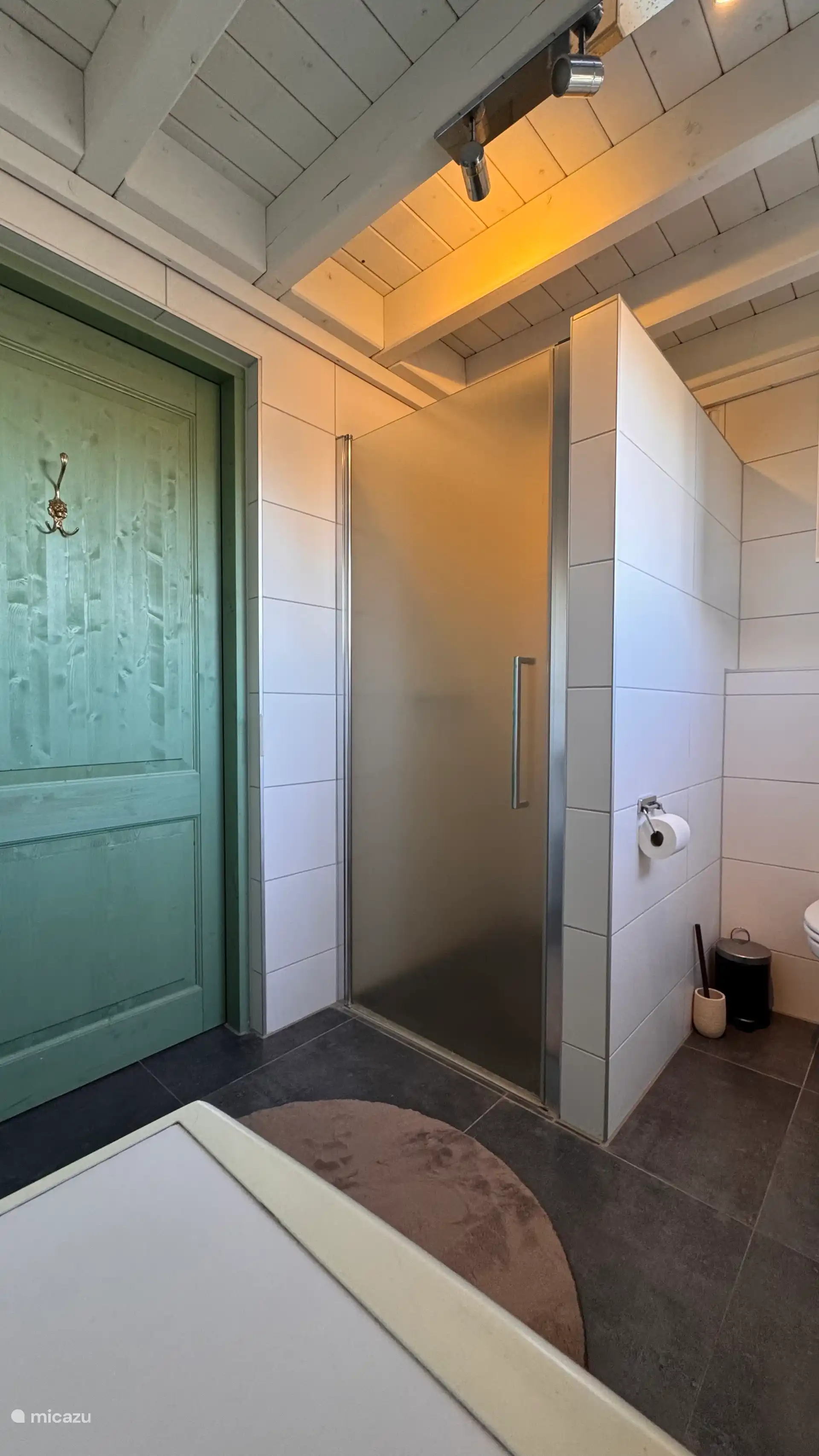 Moderne badkamer met strakke tegels en een stijlvolle inloopdouche. De combinatie van frisse kleuren en warme details geeft de ruimte een rustige, verzorgde uitstraling.