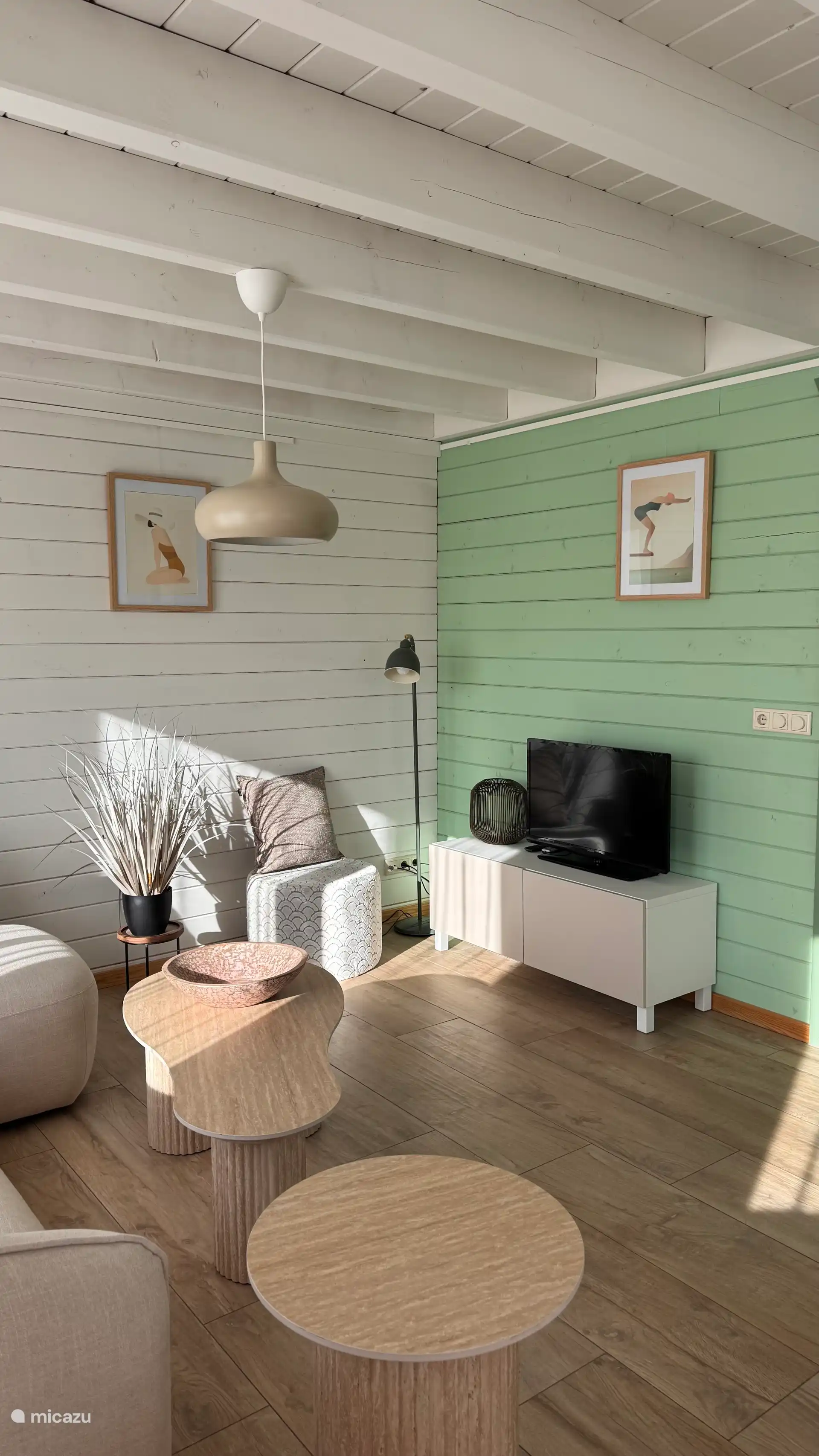 Sfeervolle zithoek met frisse groen- en natuurtinten. Het zonlicht valt warm naar binnen en benadrukt de houten accenten, waardoor een rustige en uitnodigende loungeplek ontstaat.