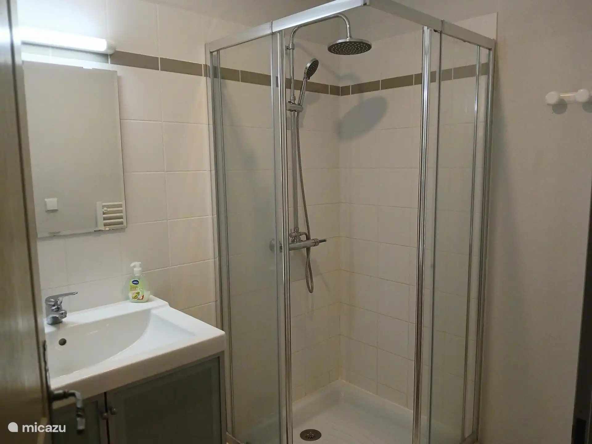 Badkamer 2 met douche unit en wastafel