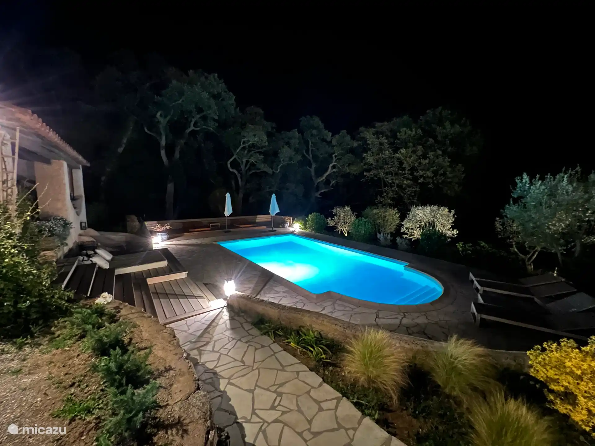 Swimming pool and pool house at night