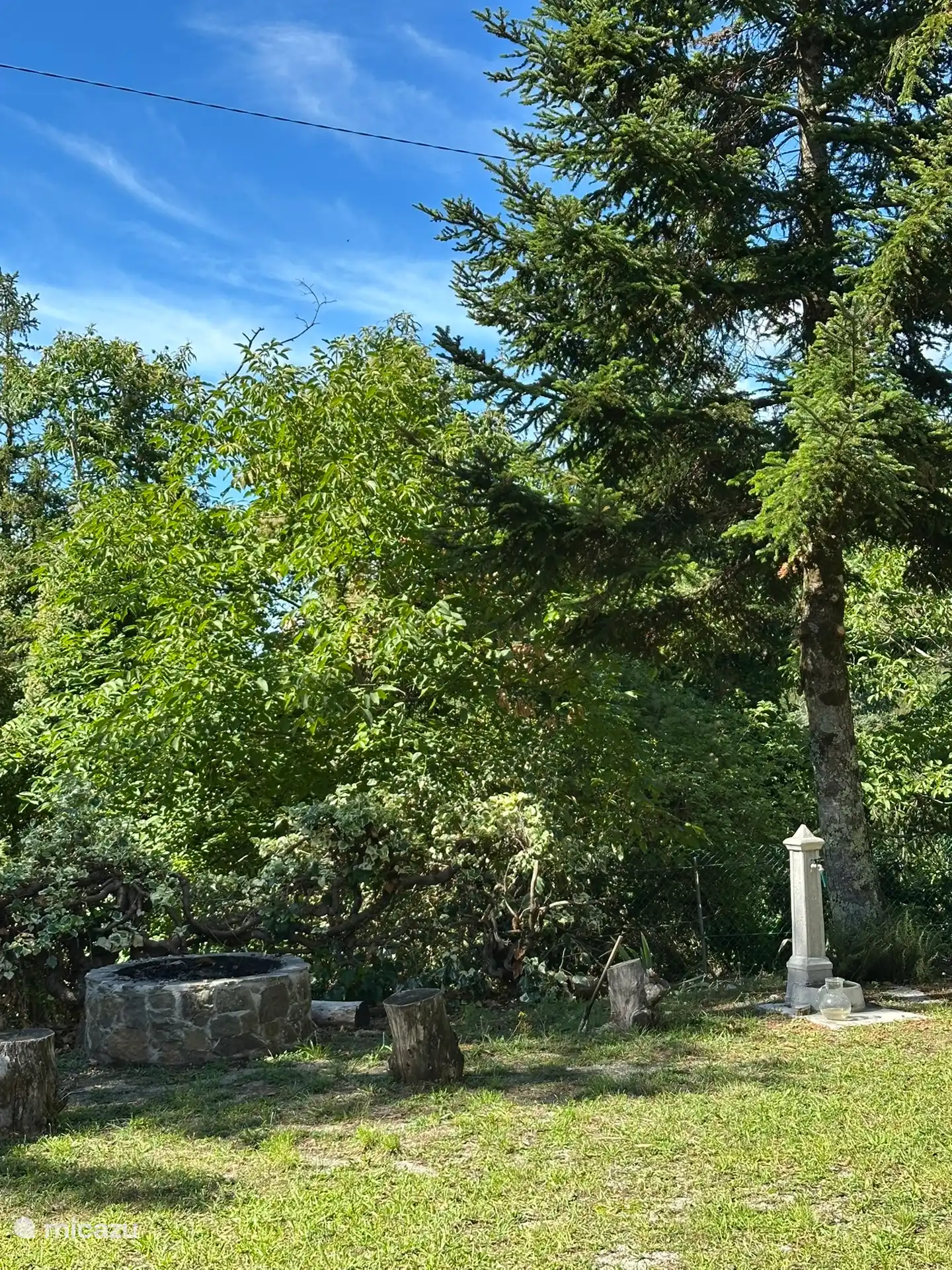 Le jardin avant avec robinet extérieur et foyer. Où tu peux t’asseoir autour.