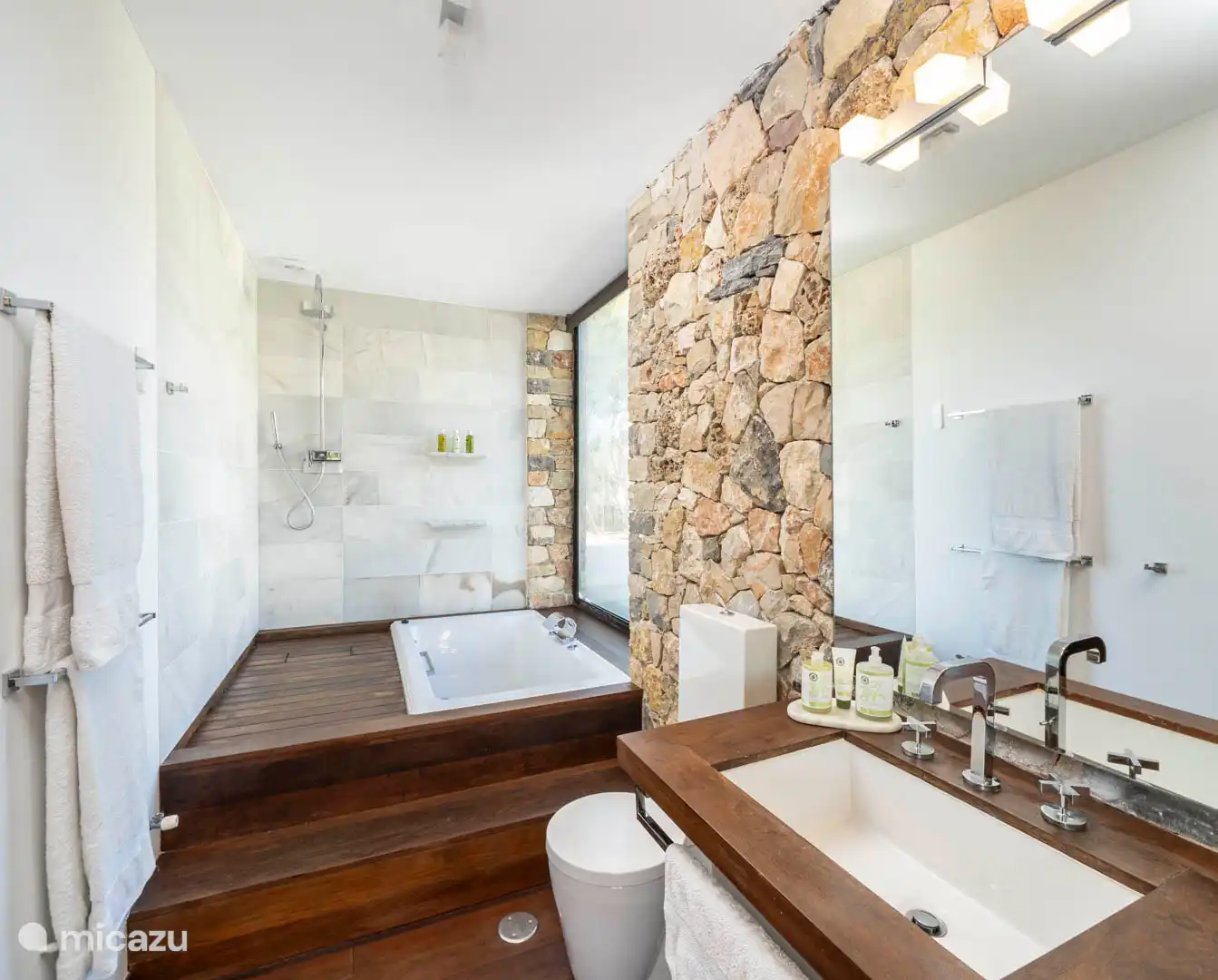 Slaapkamer 2 – Hoofdslaapkamer, eigen badkamer met bad, douche, WC, toegang tot het terras met uitzicht op het park.