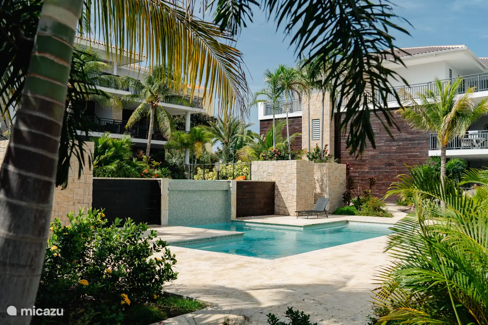 het gedeelde zwembad, met ligbedjes