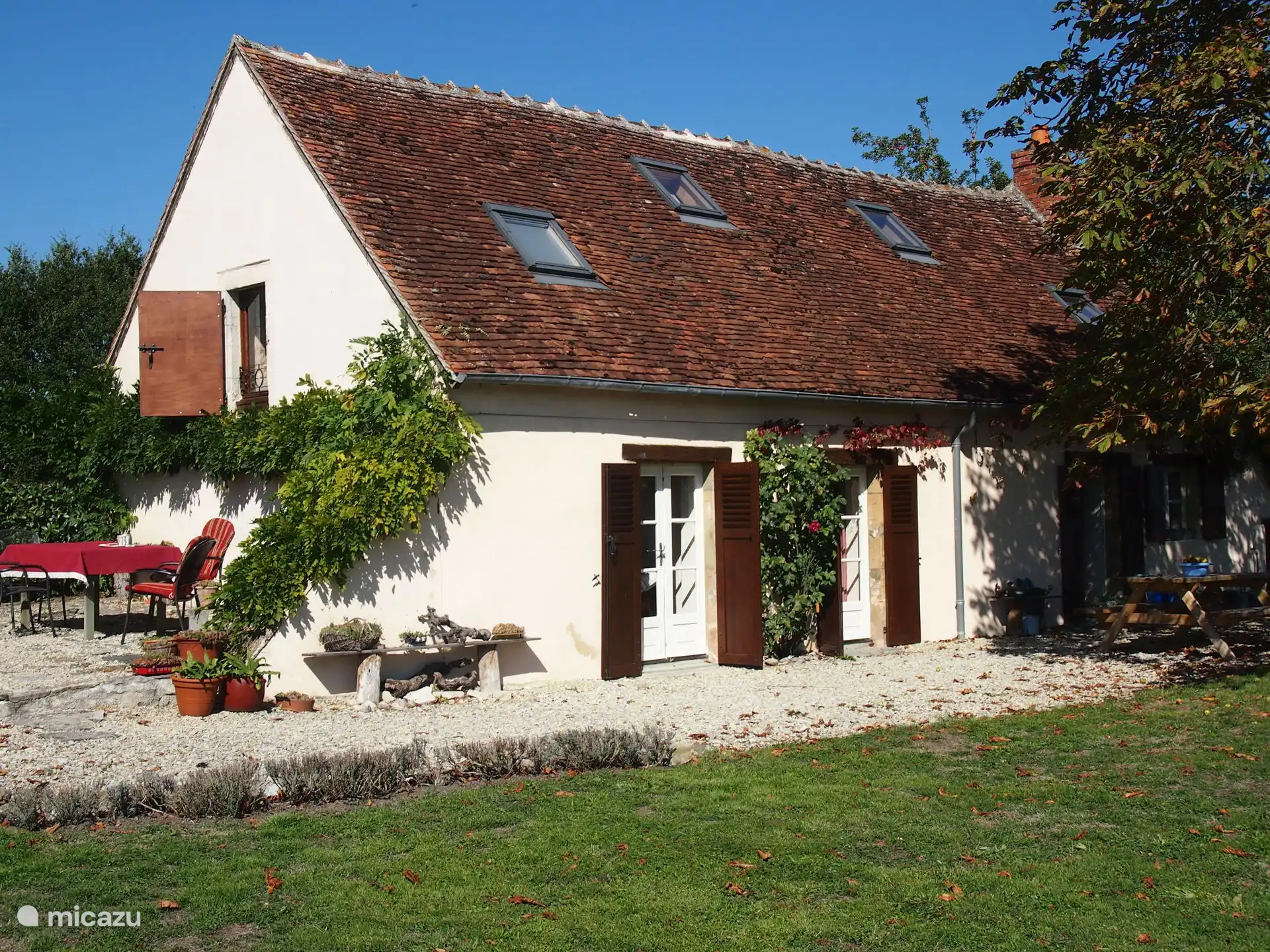 left terrace with garden furniture, right picnic table under the chestnut tree