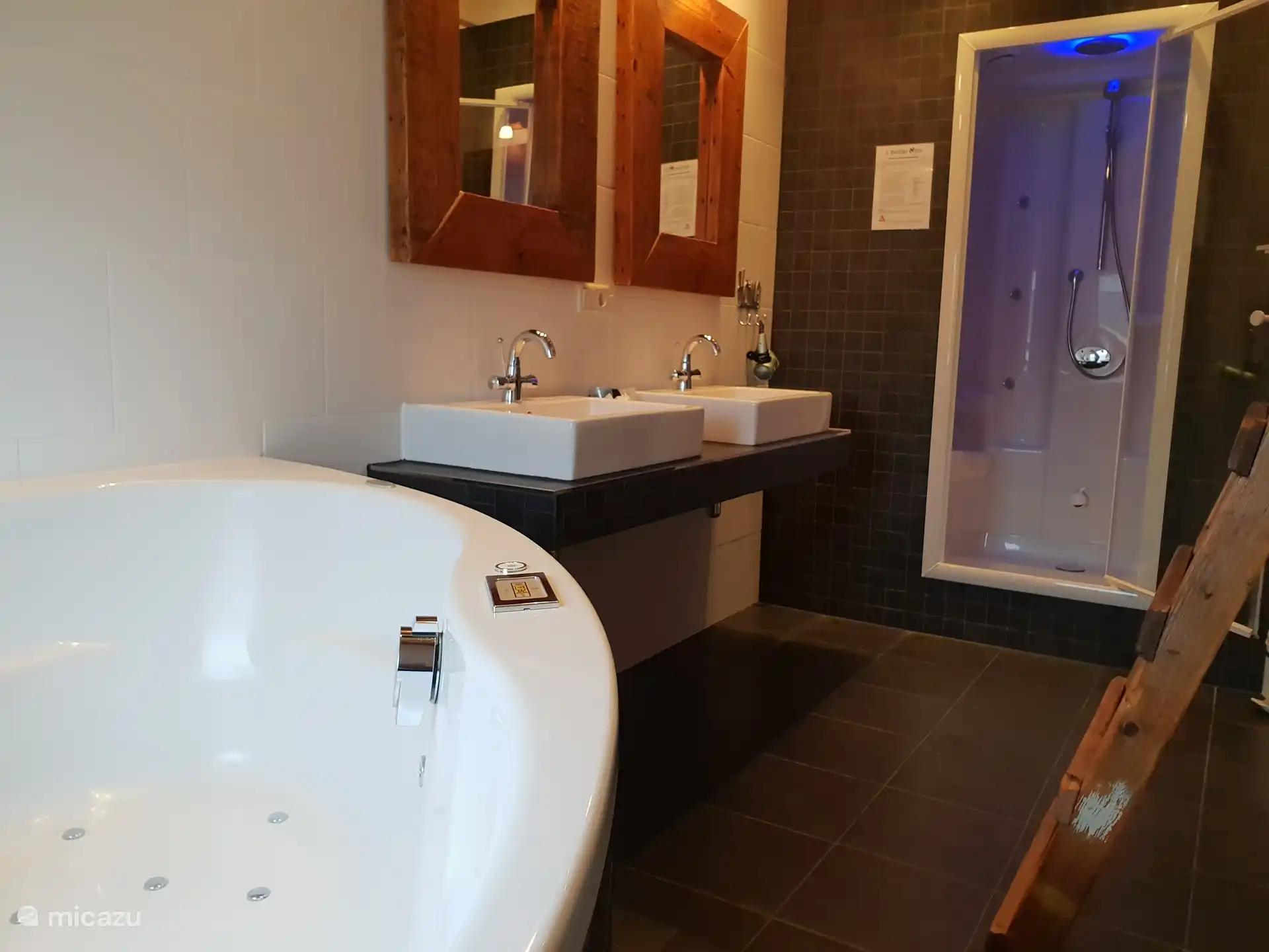 De wellness badkamer met whirlpool-bad, 2 persoonsstoomcabine met eucalyptusgeurolie en dubbele wastafel. Het toilet is apart.