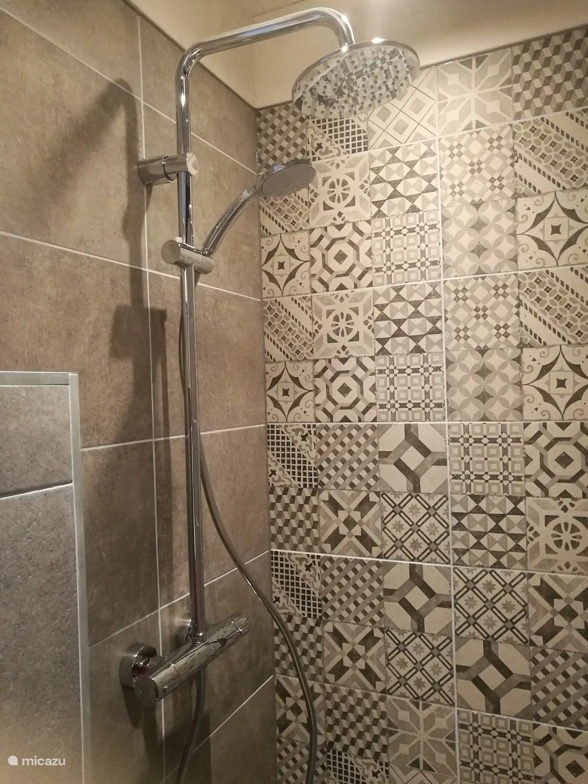 Op de eerste verdieping een badkamer met een regendouche.