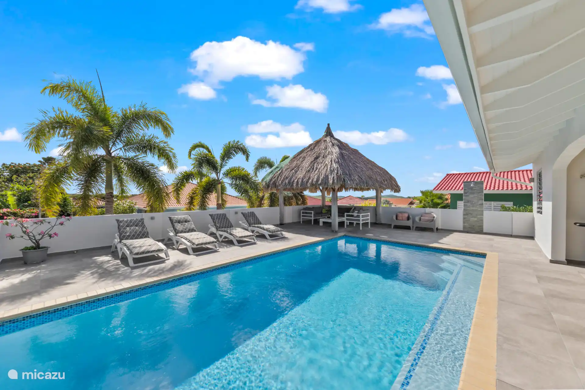 Porche met zicht op de verkoelende palapa, de ligbedden, het heerlijke zwembad en de buitendouche. 
