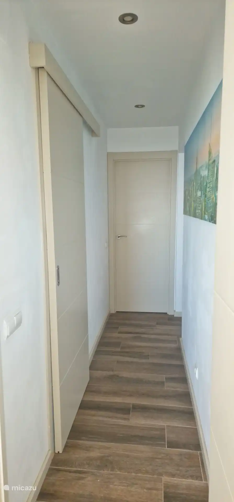 Halletje met schuifdeur van de grijze badkamer en zicht op deur van de Tijgerkamer.