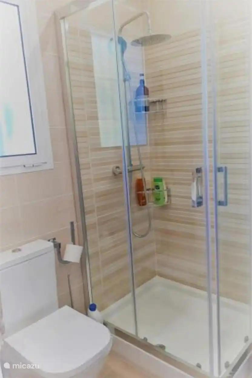 Badkamer 2 met enkele lavabo, douche, WC + wasmachine