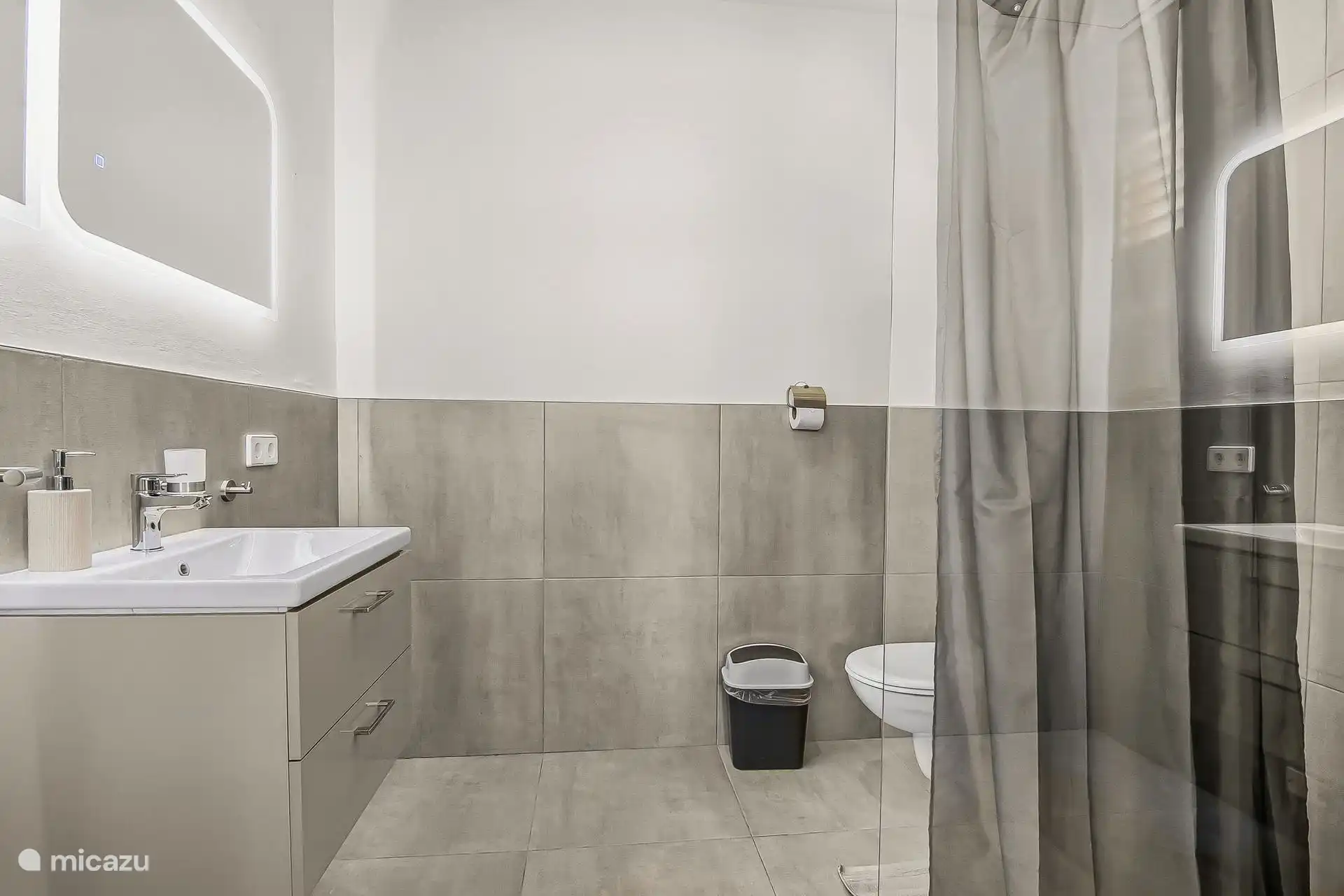 Spacious private bathroom for the master bedroom with washbasin, toilet, shower.