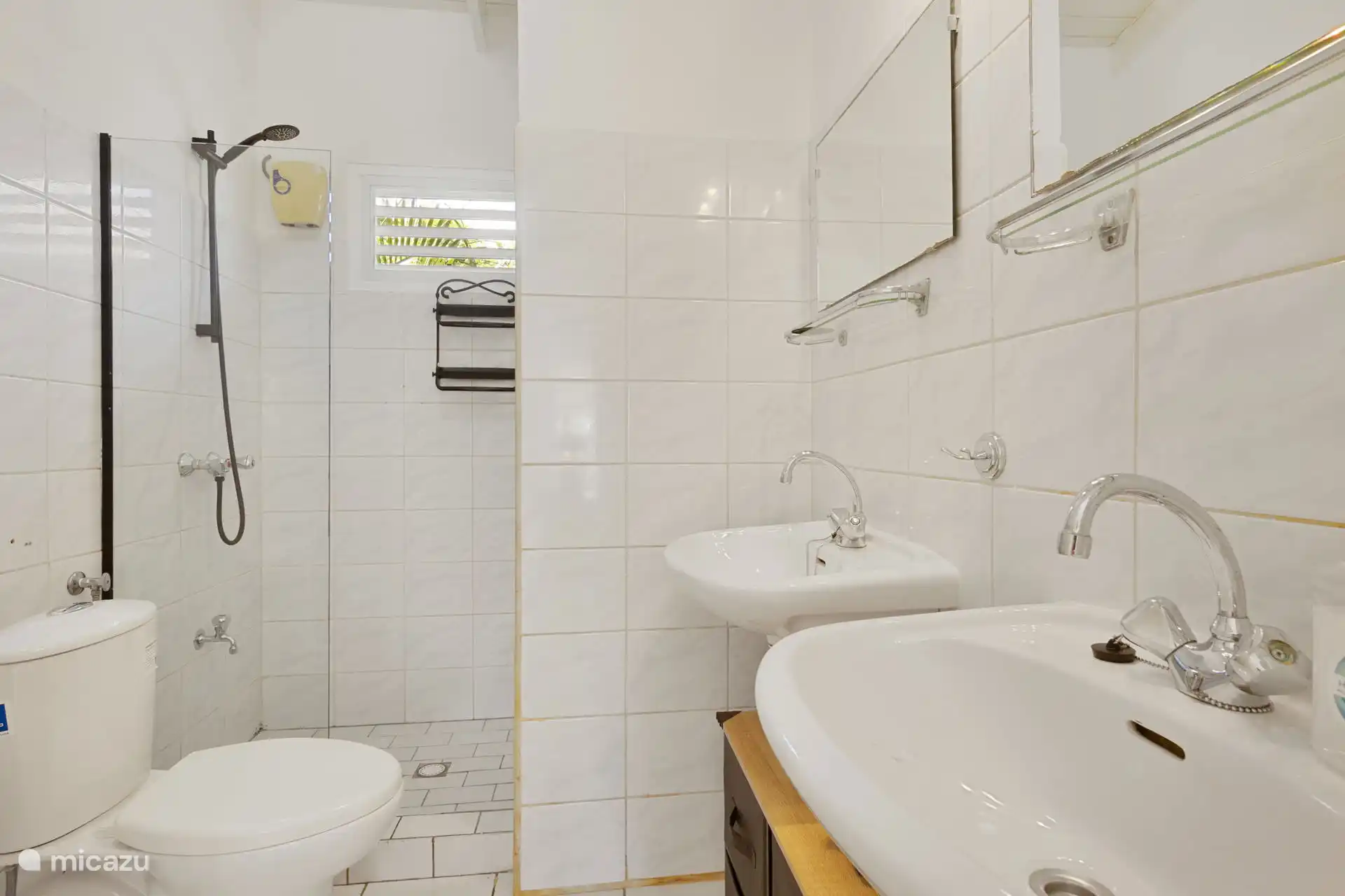 Ruime badkamer met toilet , douche en wastafels.