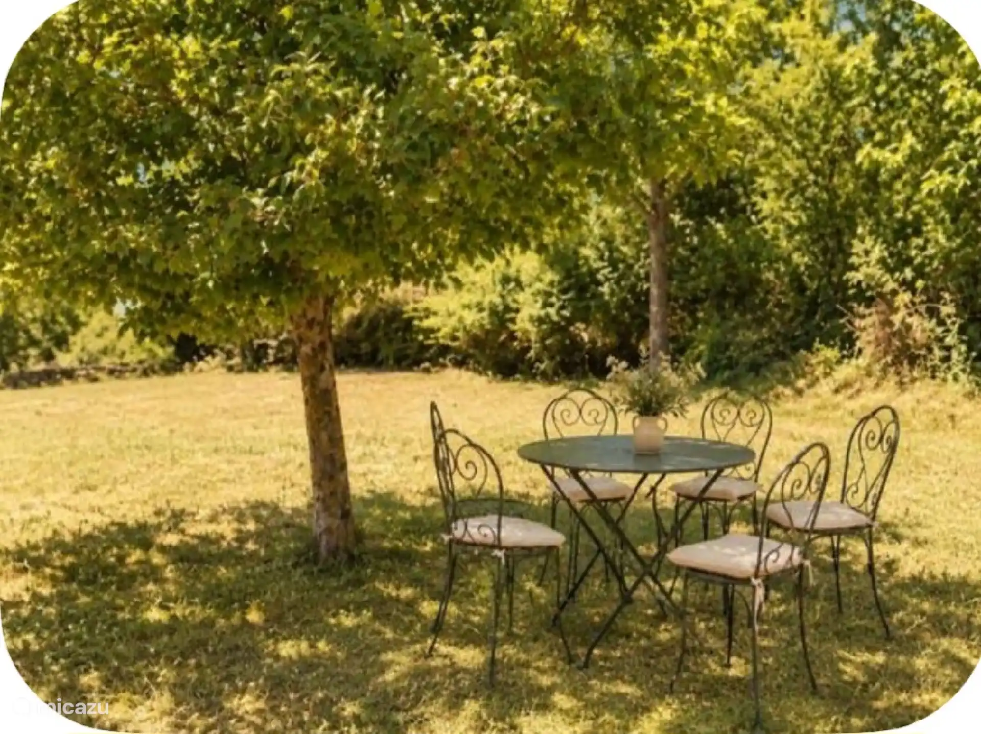 Een klein tuinmeubilair voor 6 personen in de schaduw 