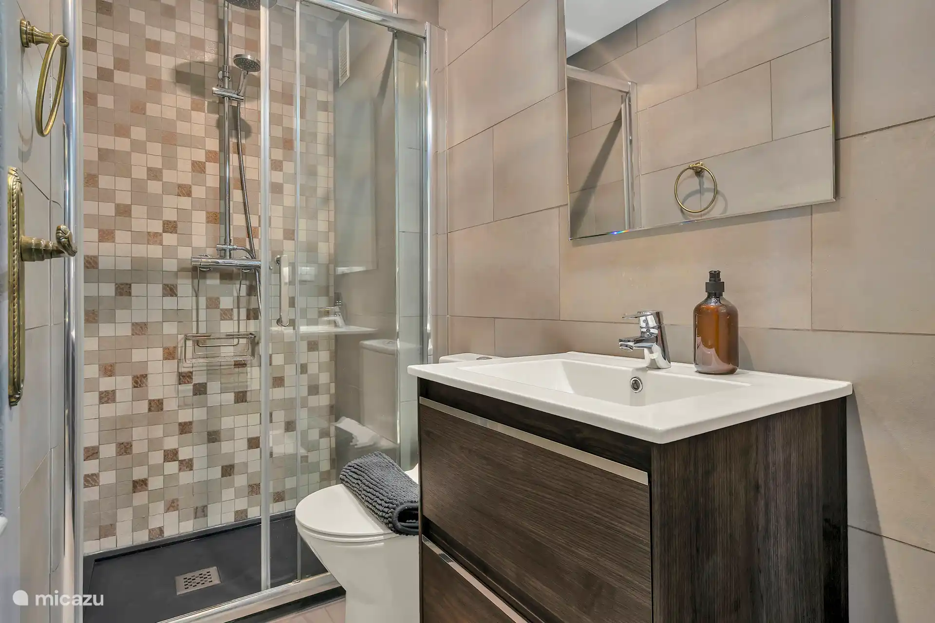 Salle de bain 2 avec cabine de douche et deuxième toilette.