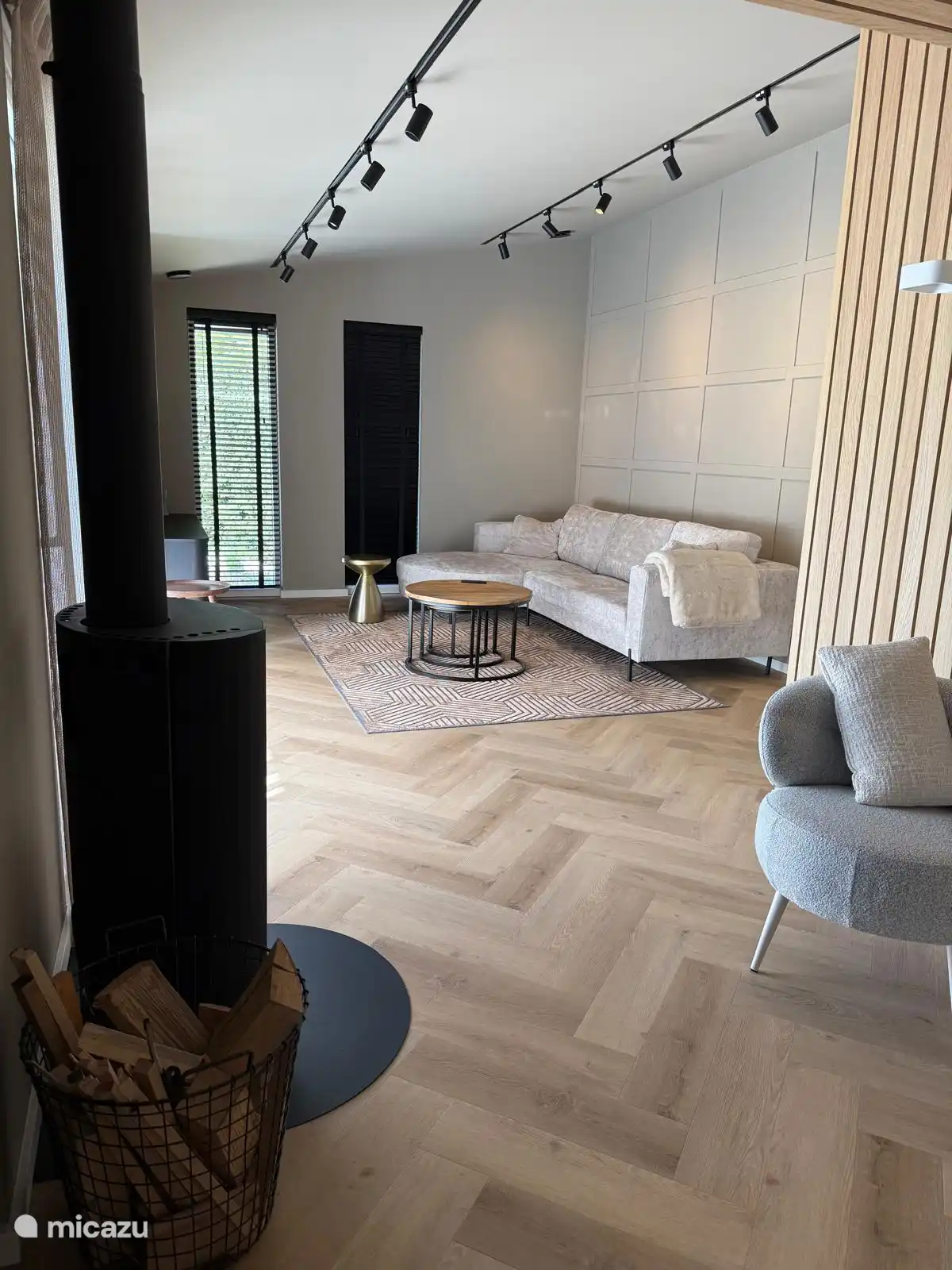 Woonkamer met lekkere bank, open haard, 2 stoelen, grote televisie, Sonos, airco, enz