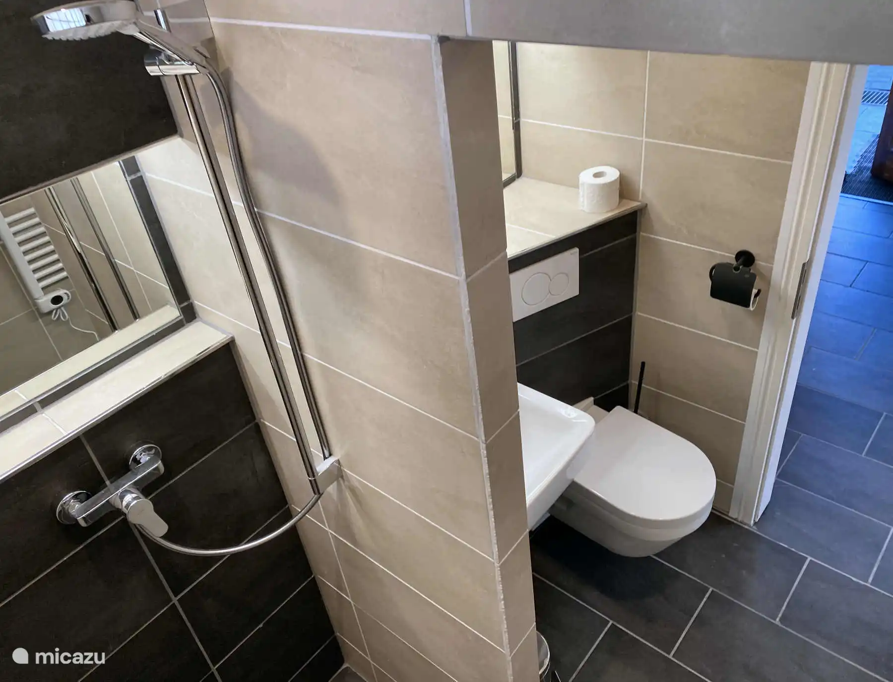 De badkamer met inloopdouche en toilet