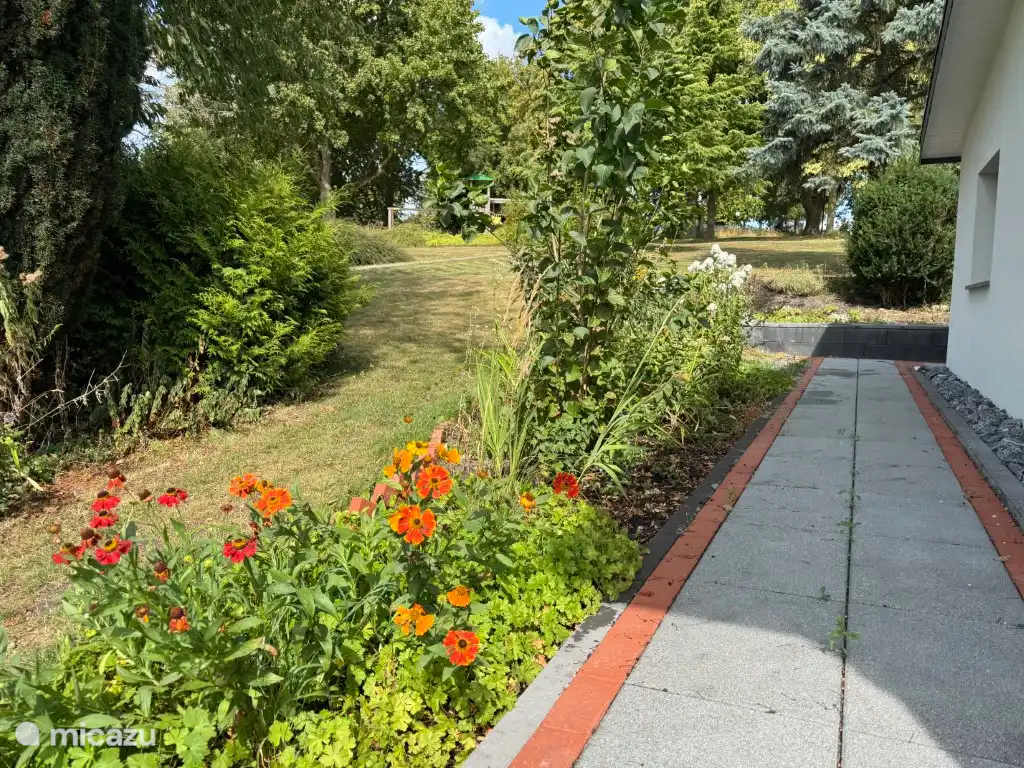 De kleine huistuin met uitzicht op de speeltuin