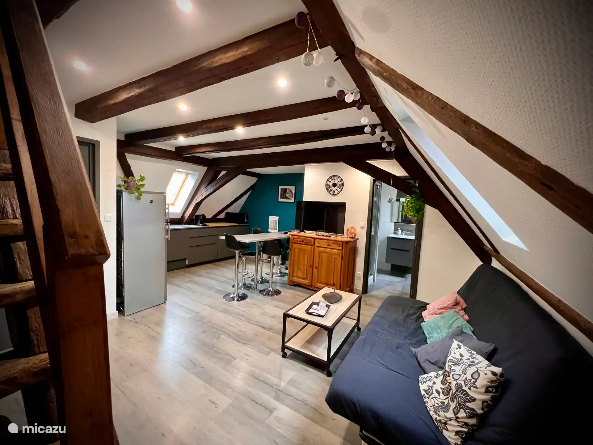 De woonkamer: volledig uitgeruste keuken en woonkamer 