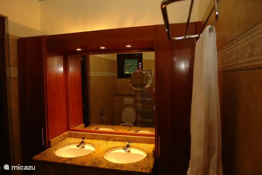Bathroom with shower, toilet, hair dryer ...