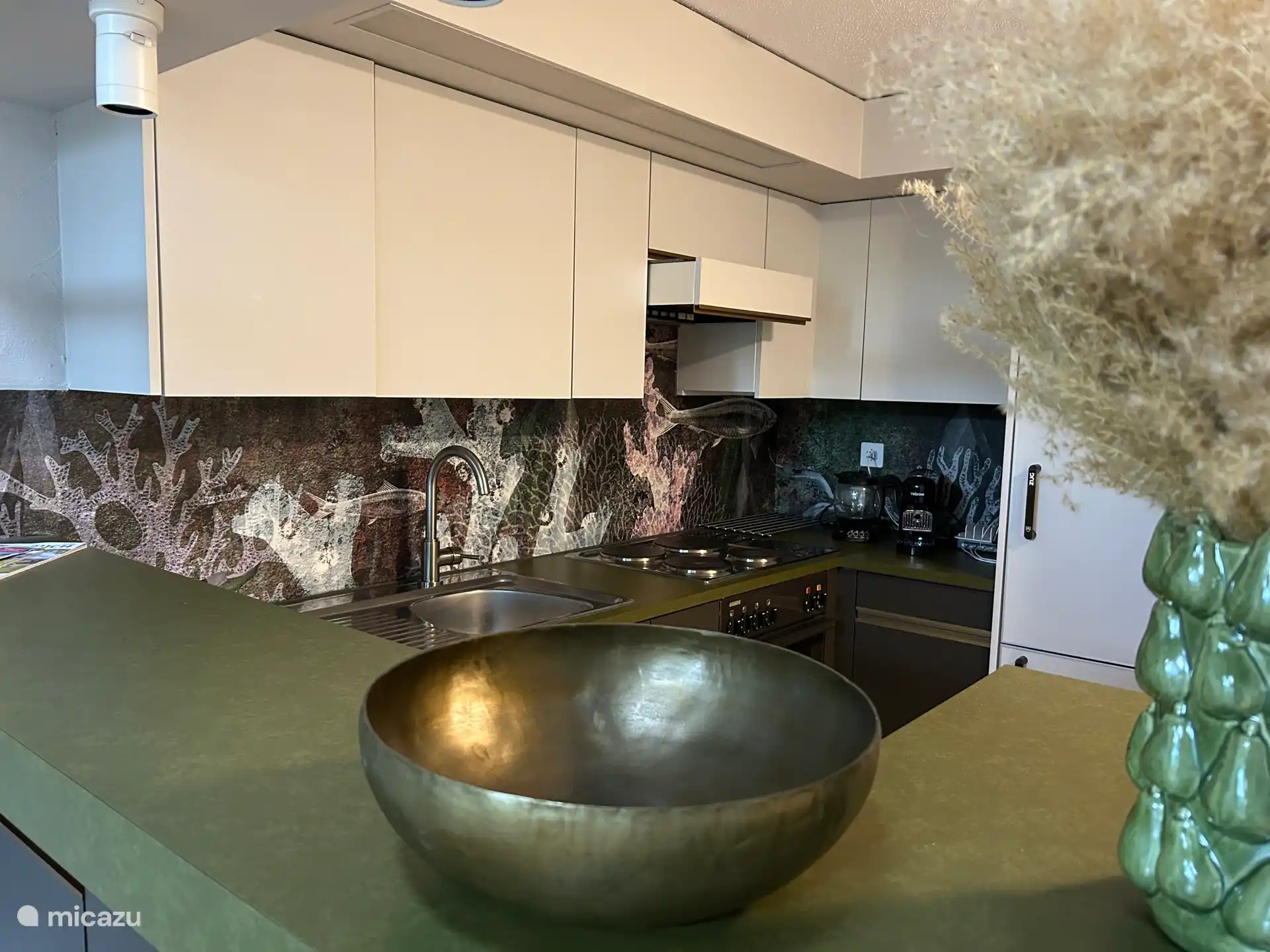 Cocina elegante con todas las comodidades: nevera grande con congelador independiente, horno, cocinas eléctricas y lavavajillas.