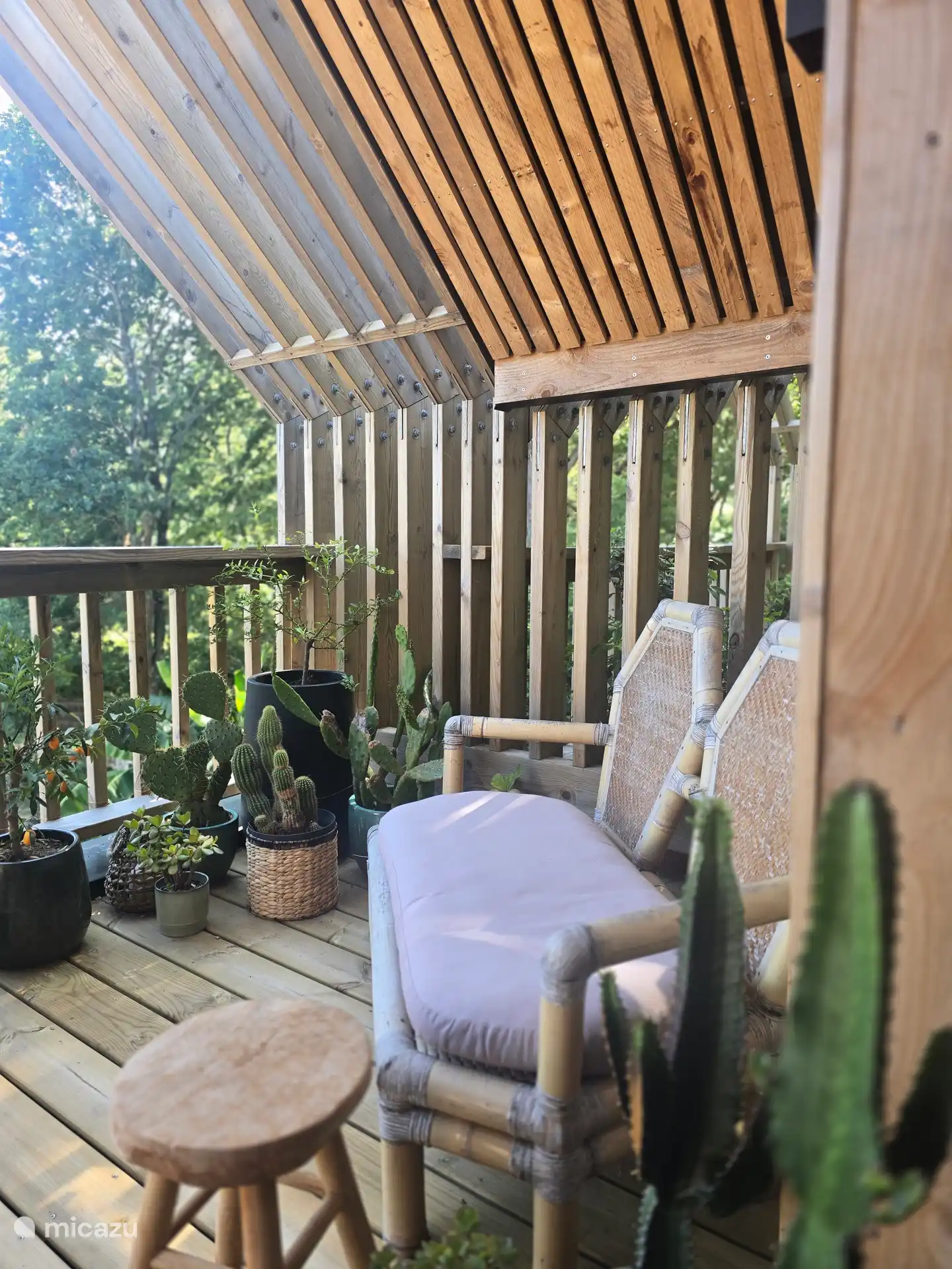 Coin terrasse cosy en bois avec fauteuils et plantes, parfait pour se détendre au calme et profiter de la nature environnante.