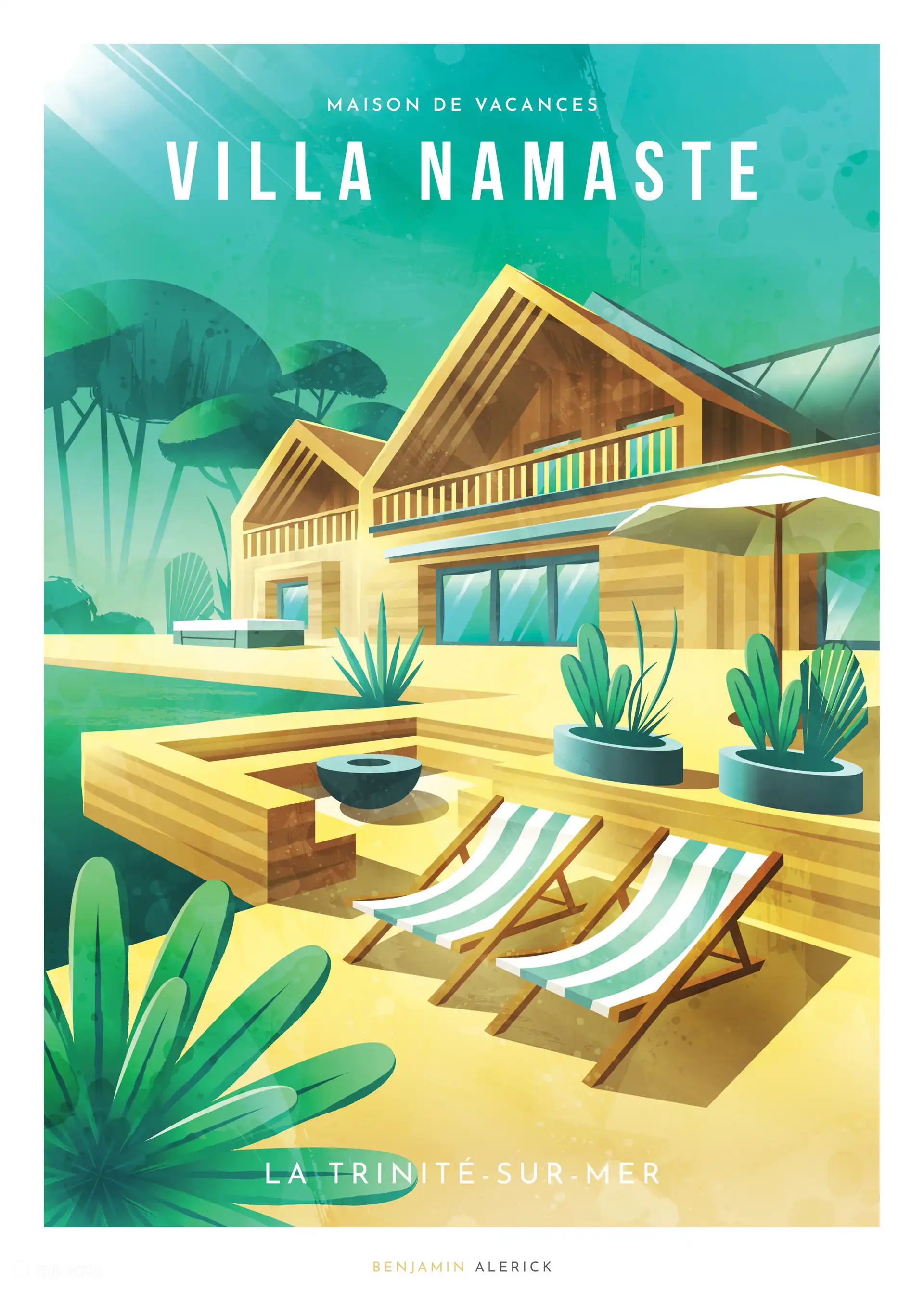 Illustration de la Villa Namasté réalisée par l’illustrateur breton Benjamin Cochennec Alerick, reflétant l’esprit du lieu entre design, nature et art de vivre en Bretagne Sud.