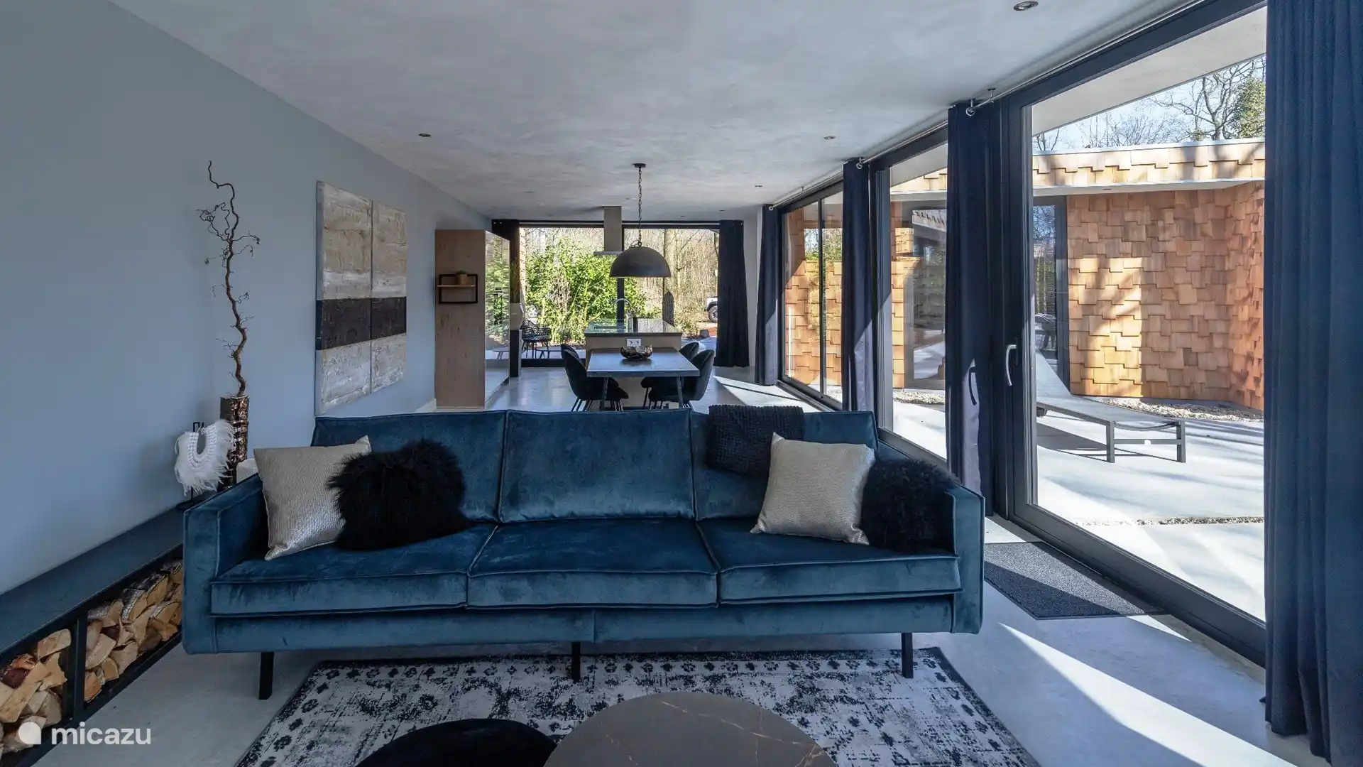 Living met open haard en grote glazen pui