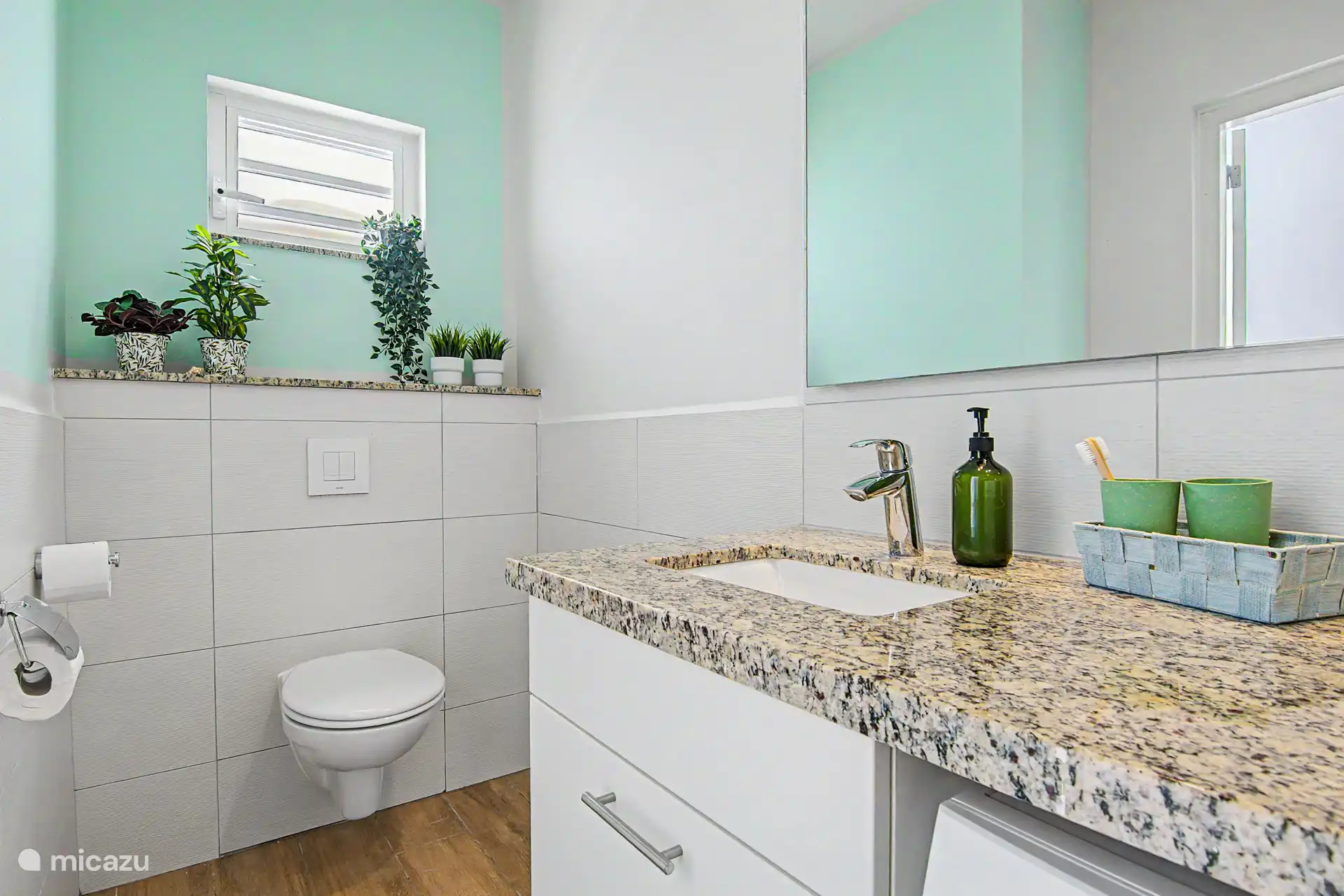 A spacious bathroom with amenities such as shampoo, conditioner and shower gel, washing machine and dryer and of course fine towels. 