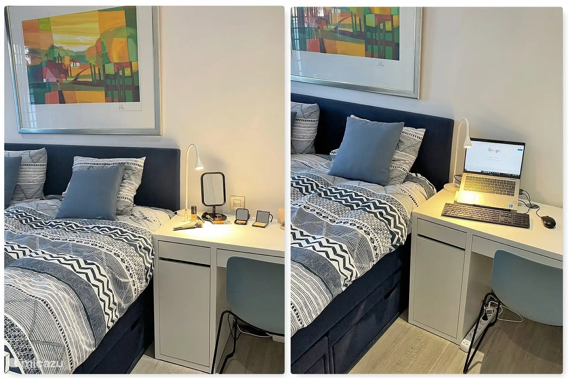 Une chambre avec bureau peut servir de coiffeuse ou de bureau.