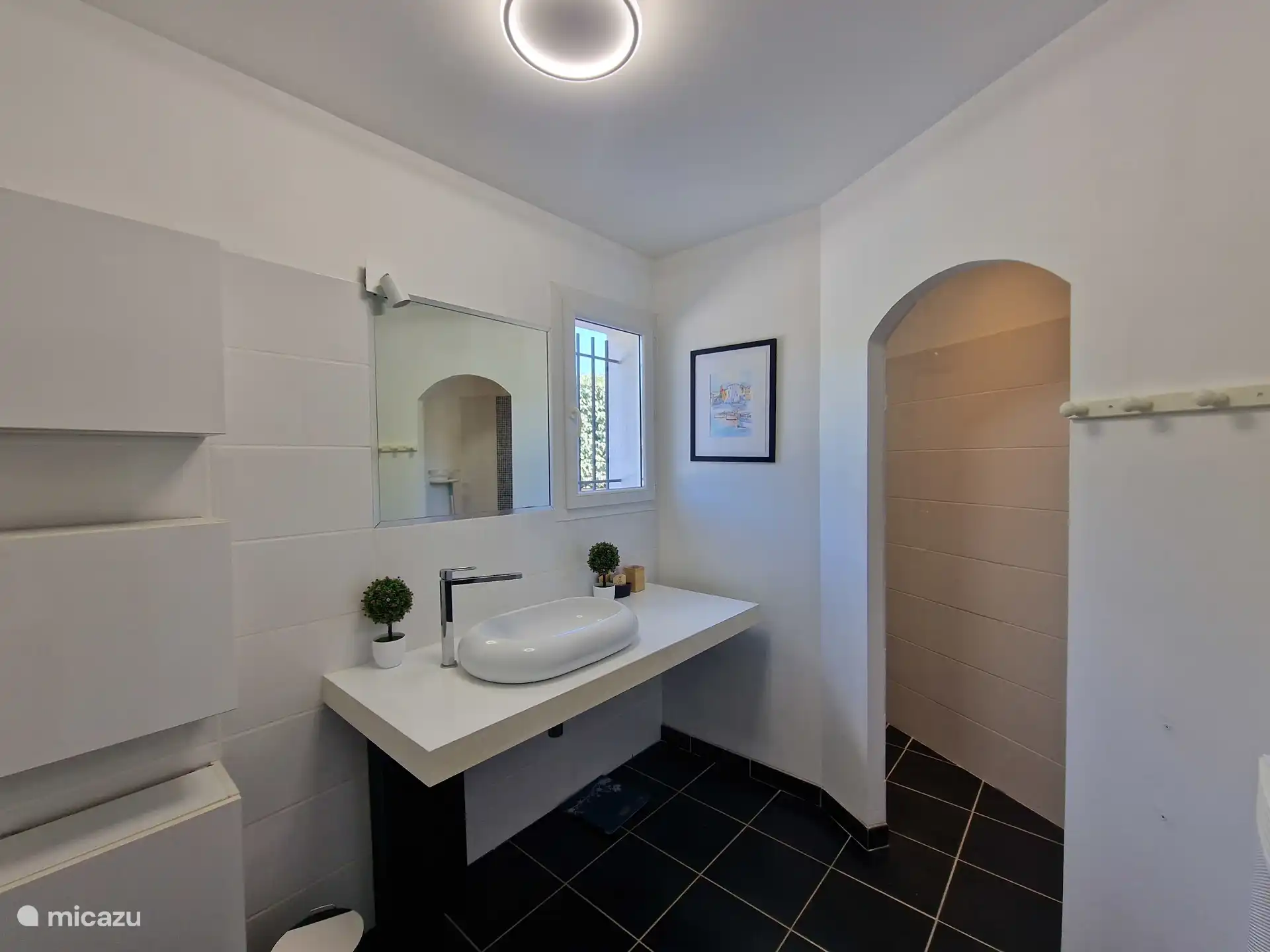 Badkamer op begane grond met wastafel en inloopdouche