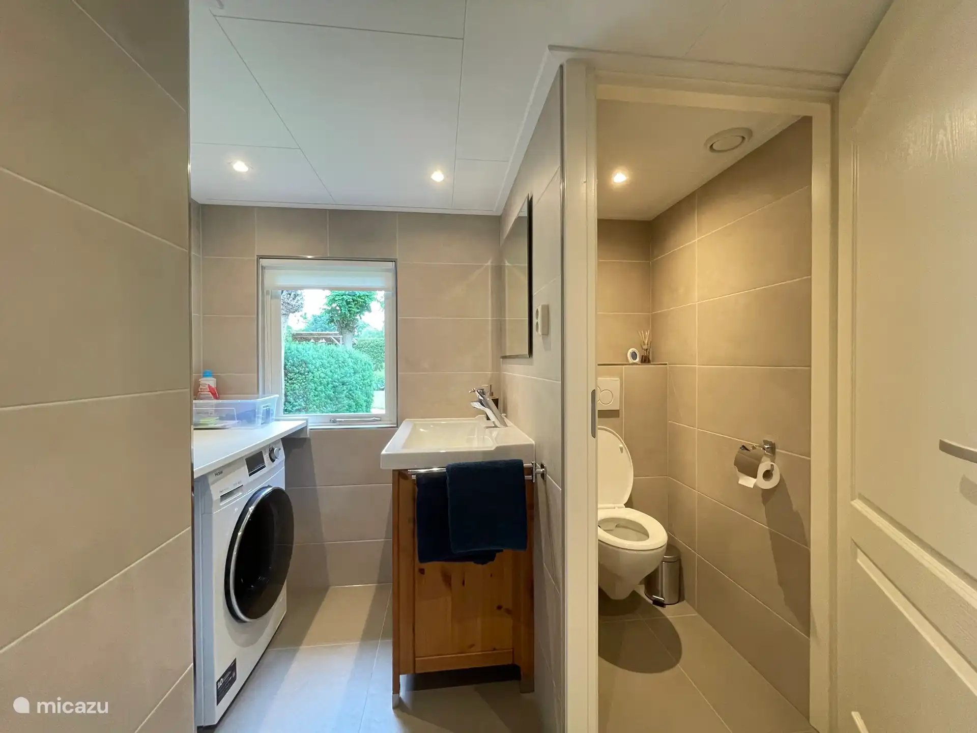 Badkamer, wasmachine en toilet