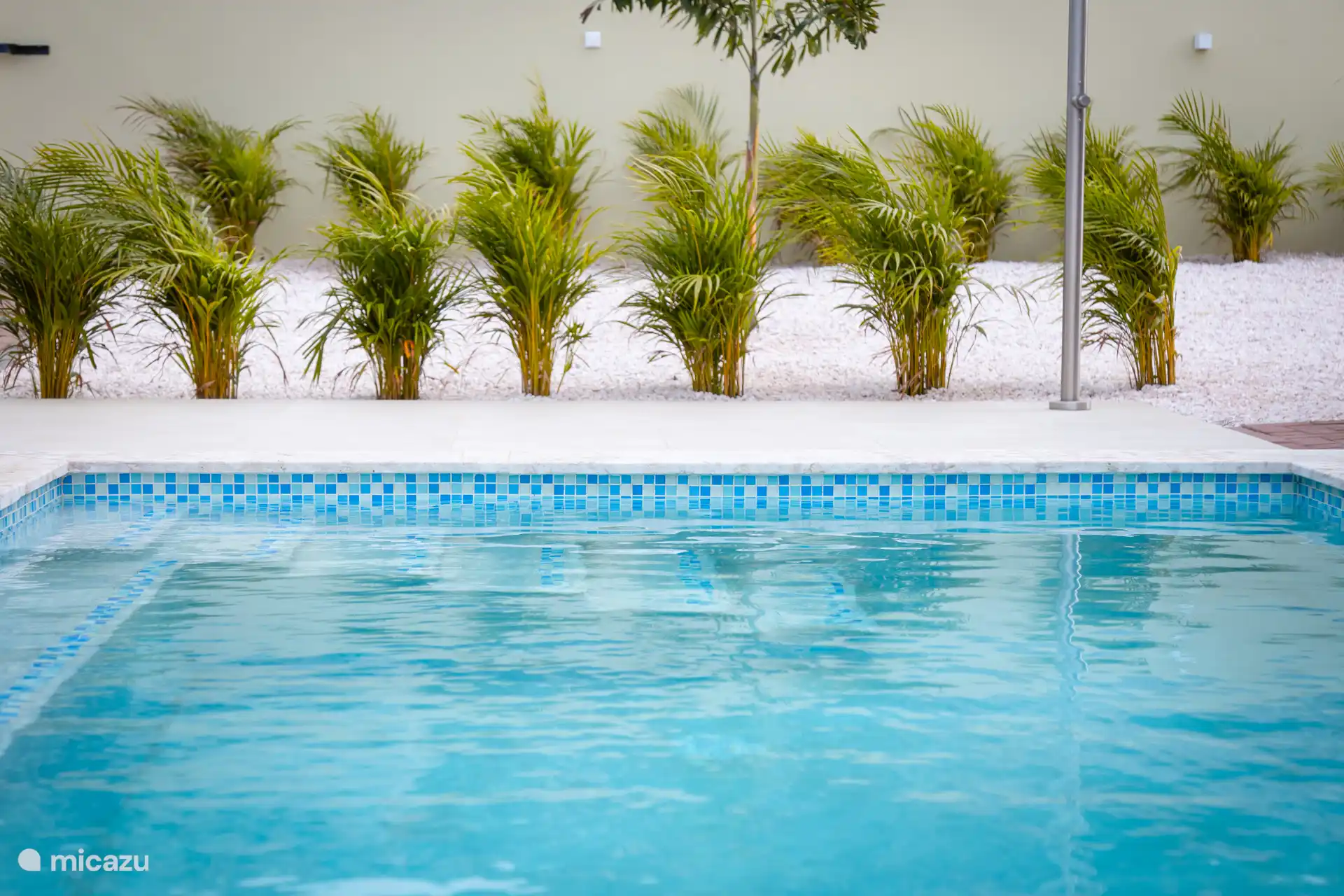 Belle piscine avec douche extérieure.