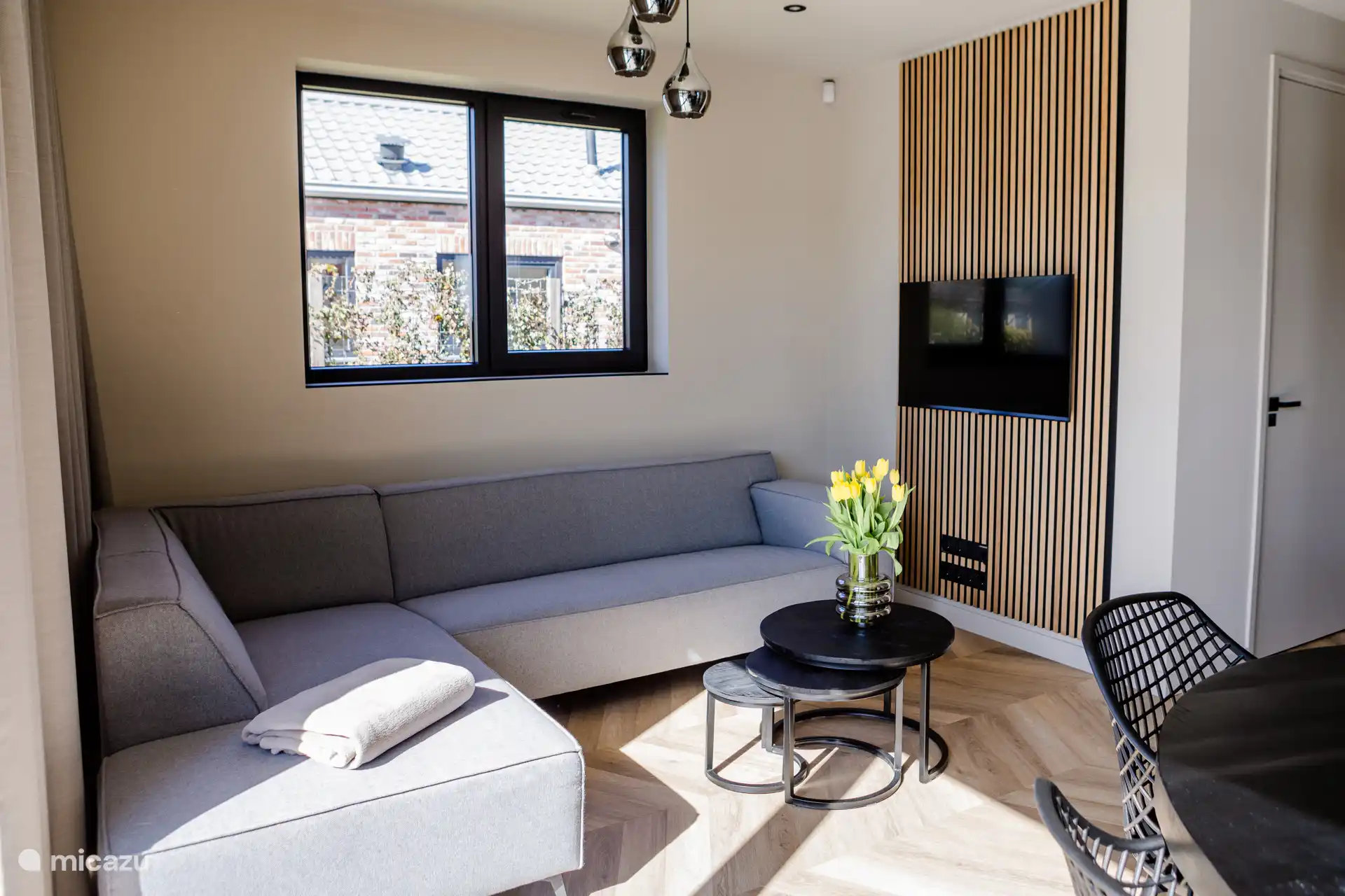 Salon avec canapé et télévision