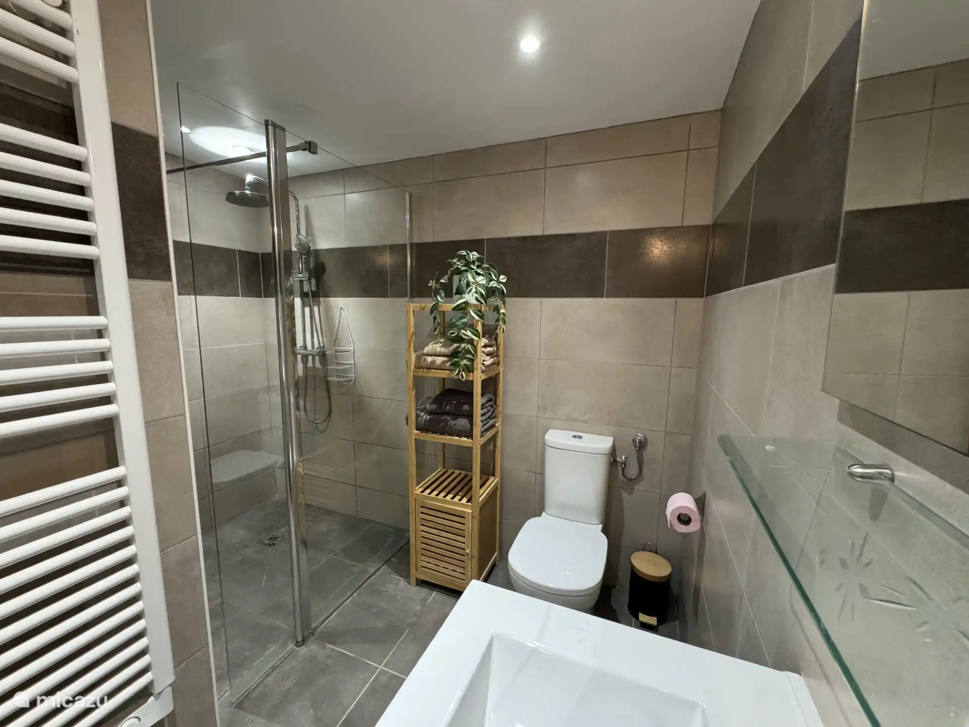 Bathroom ground floor with shower, sink, toilet and plenty of space.