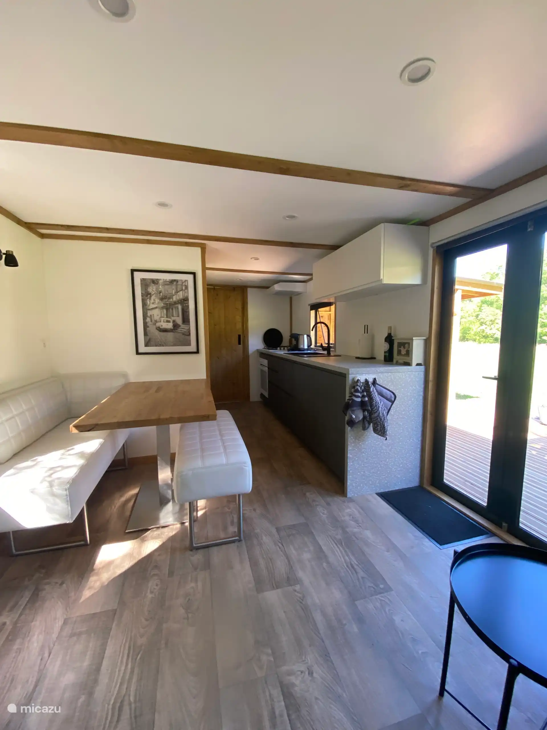 Mobile home, kitchen and dining area. 