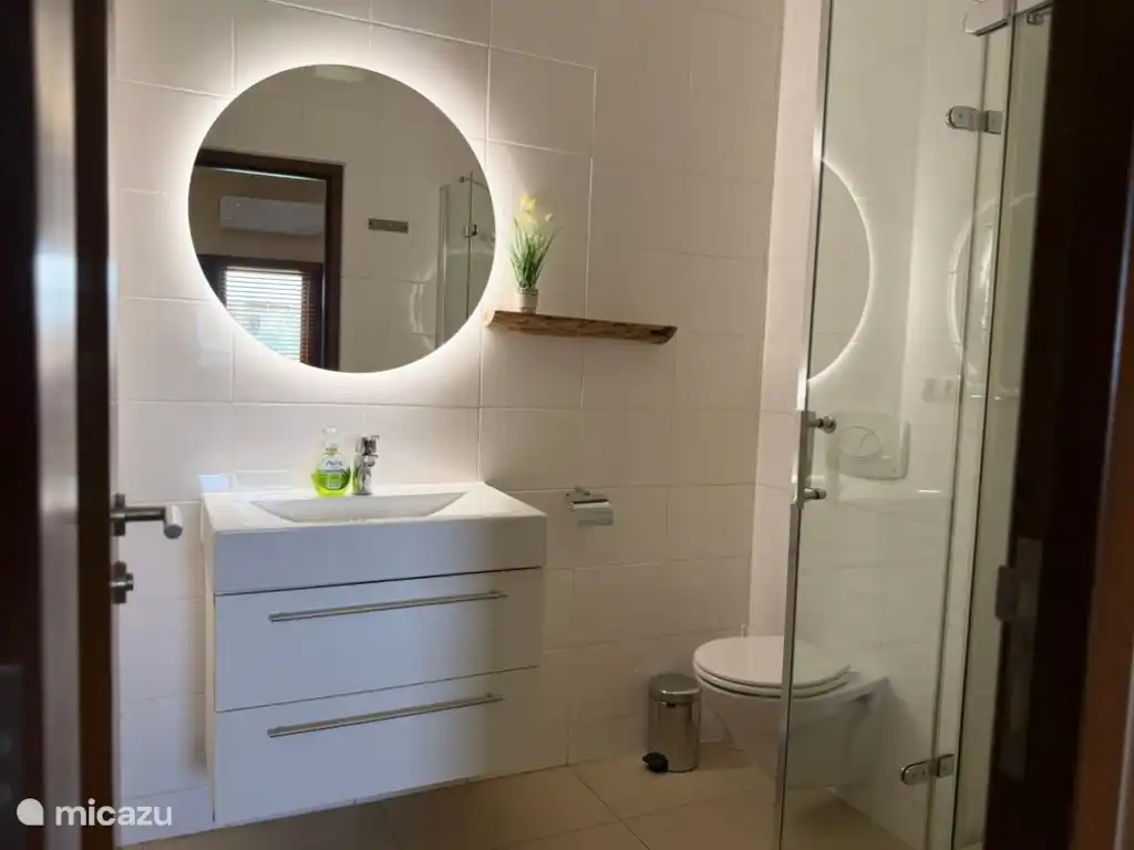 Badezimmer mit Waschbecken, Spiegel und begehbarer Dusche. 